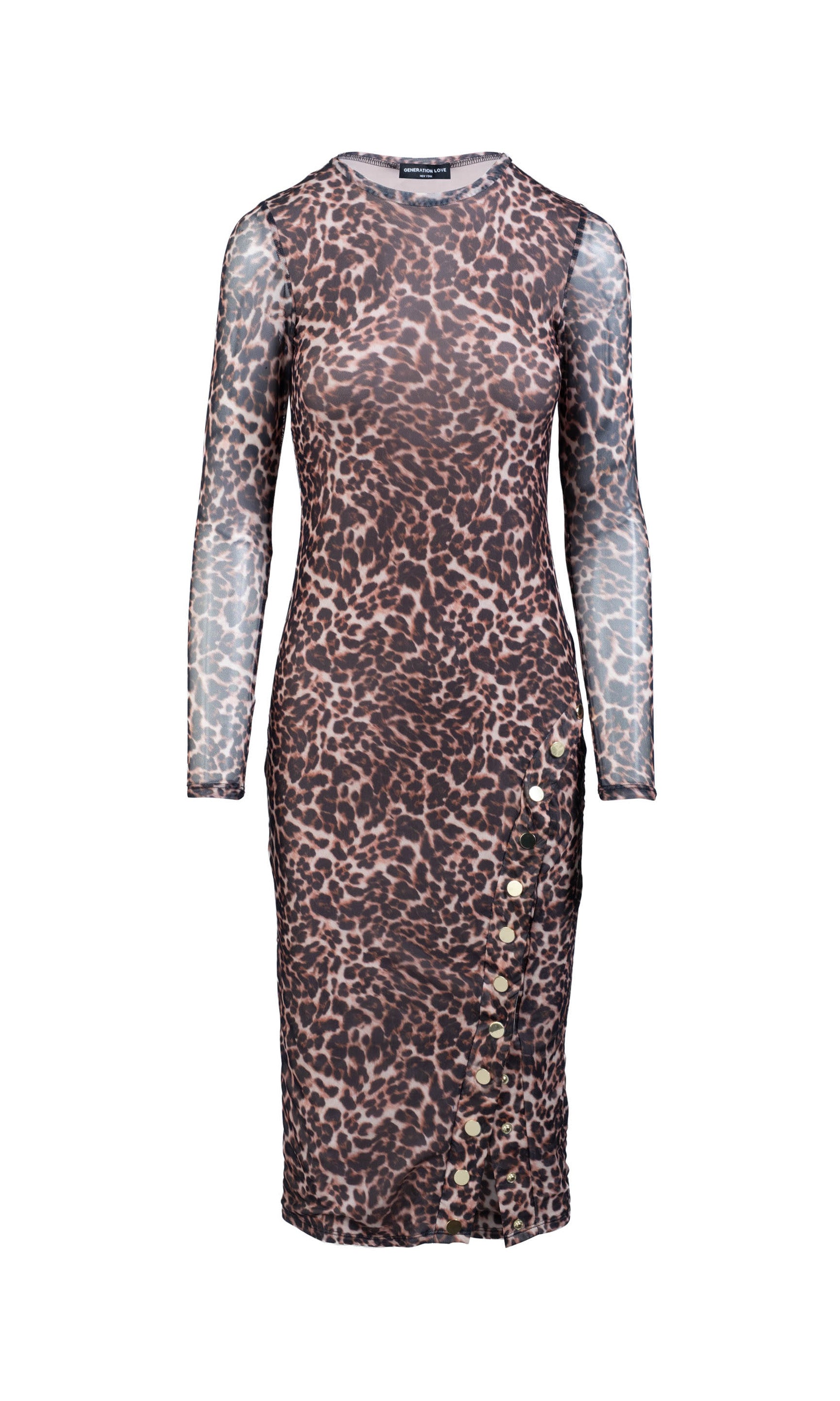 ghost image of the Monique mesh midi dress in a leopard print with a side leg slit with snap buttons