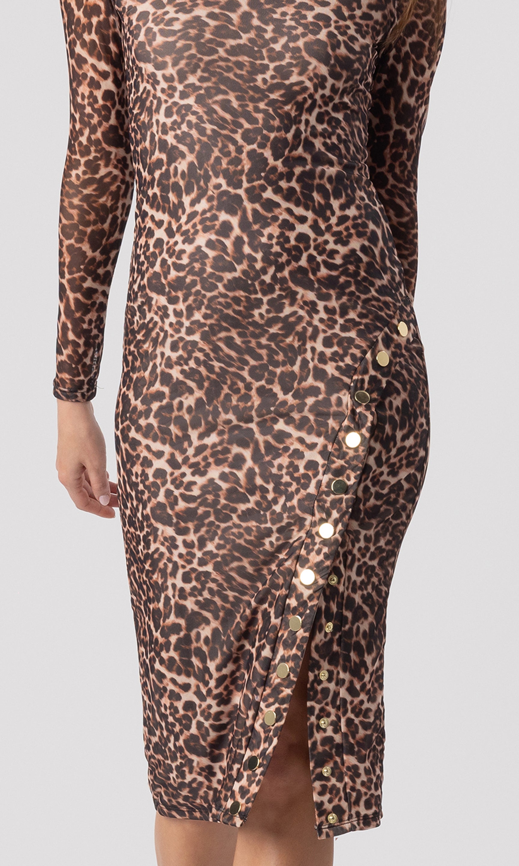 zoomed in cropped image of model wearing the Monique Mesh Dress in a leopard print that showcases a side slit with snap buttons