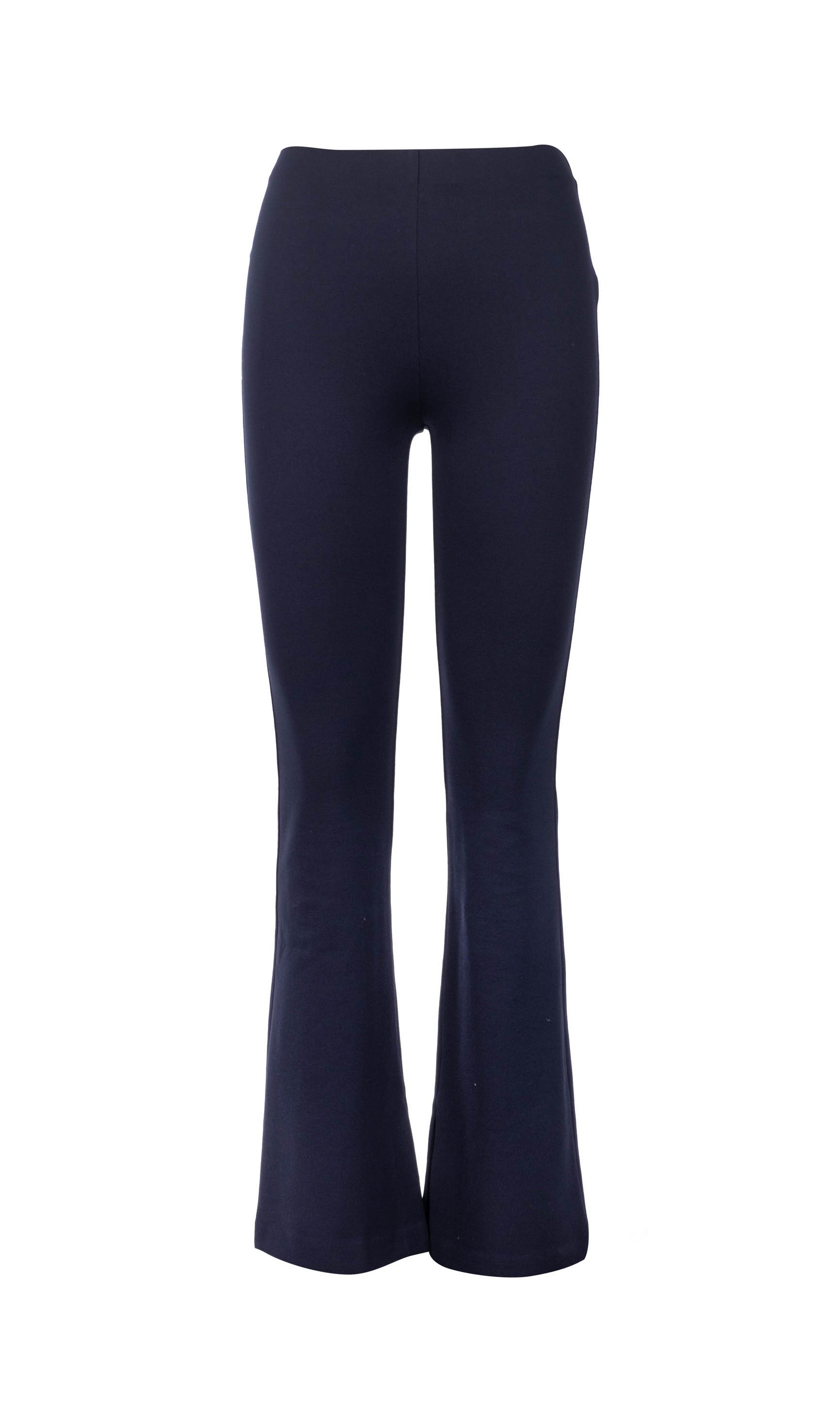 Flat image of the Murray ponte leggings in navy with flare legs on a white background