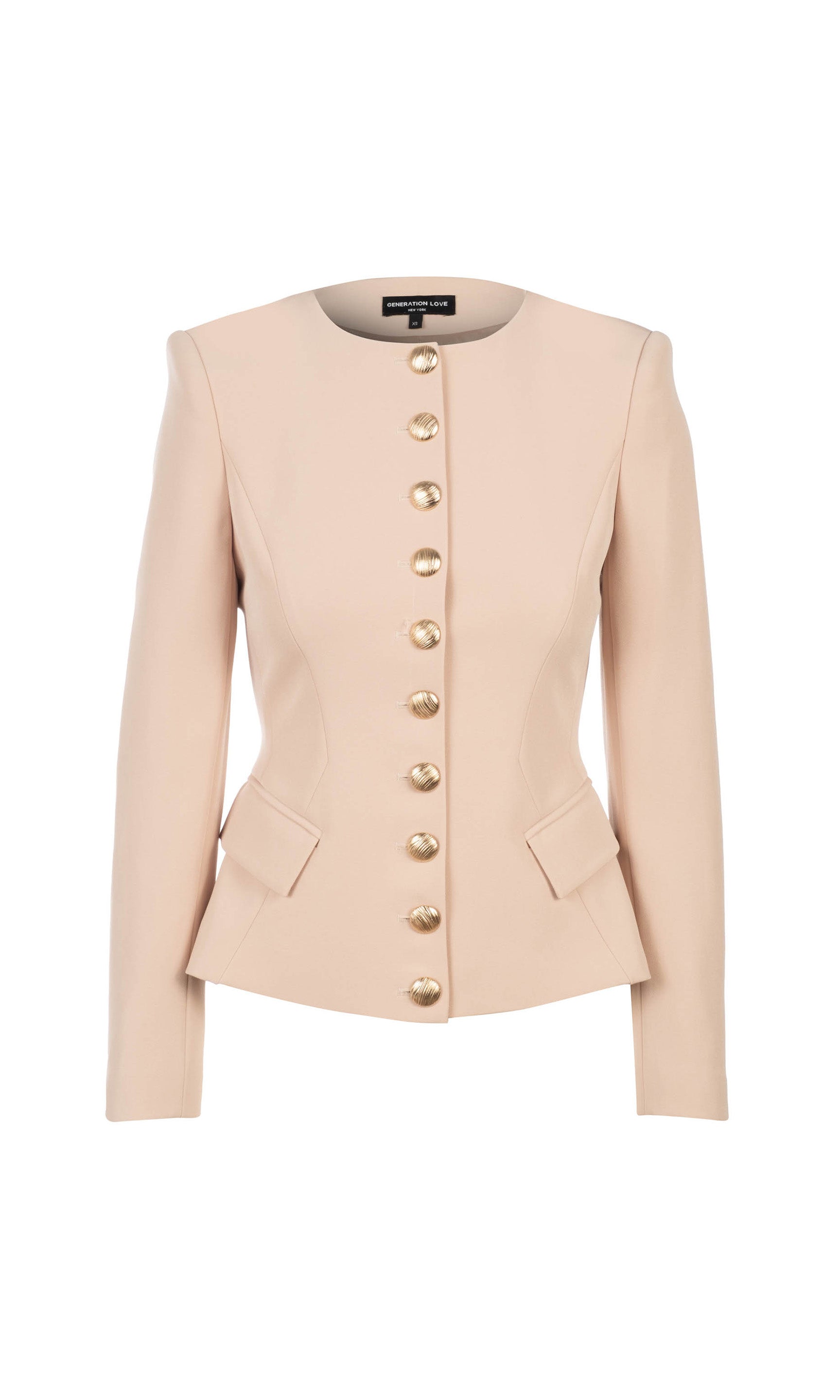 ghost image of the Ophelia crepe jacket in late with gold buttons from the neck to the peplum shaped hem