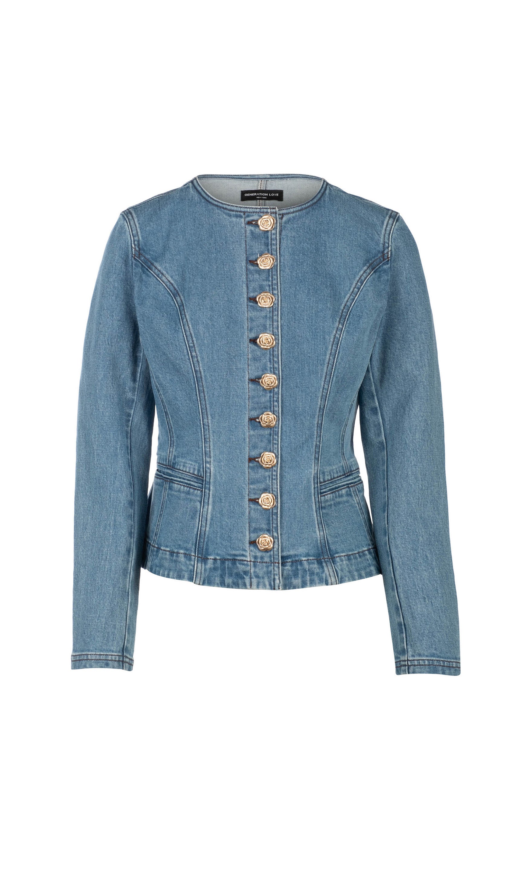 ghost image of the Ophelia denim jacket in a blue denim wash with gold buttons down the front