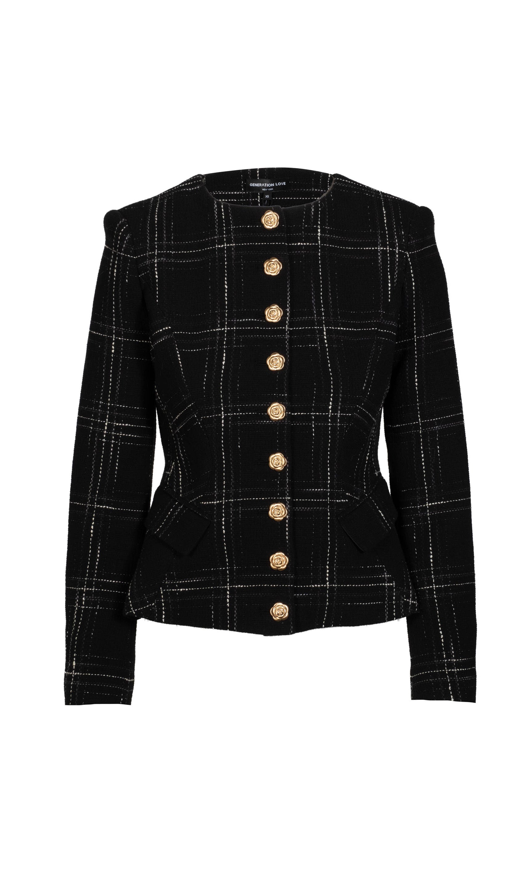 Black checkered jacket with gold buttons on a white background