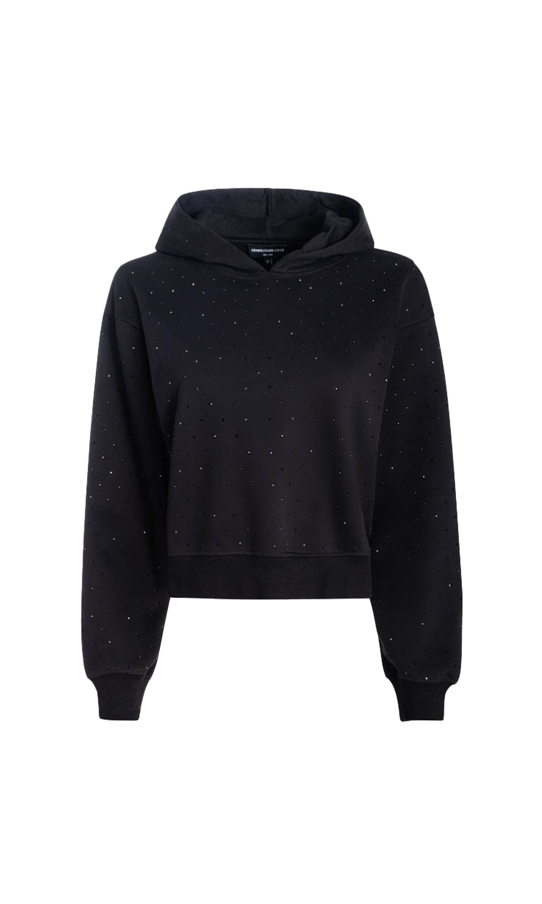Flat image of the Renae hooded sweatshirt with crystal embellishments all over in black on a white background