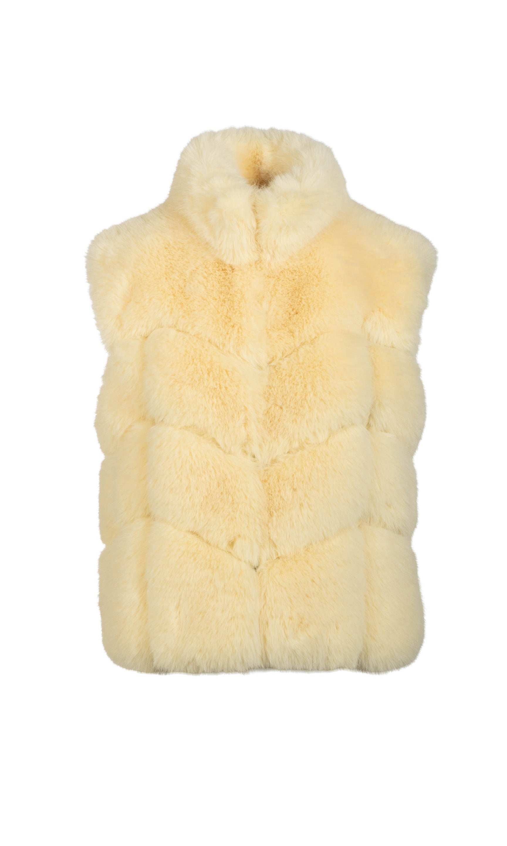 Pastel yellow faux fur vest on a white background