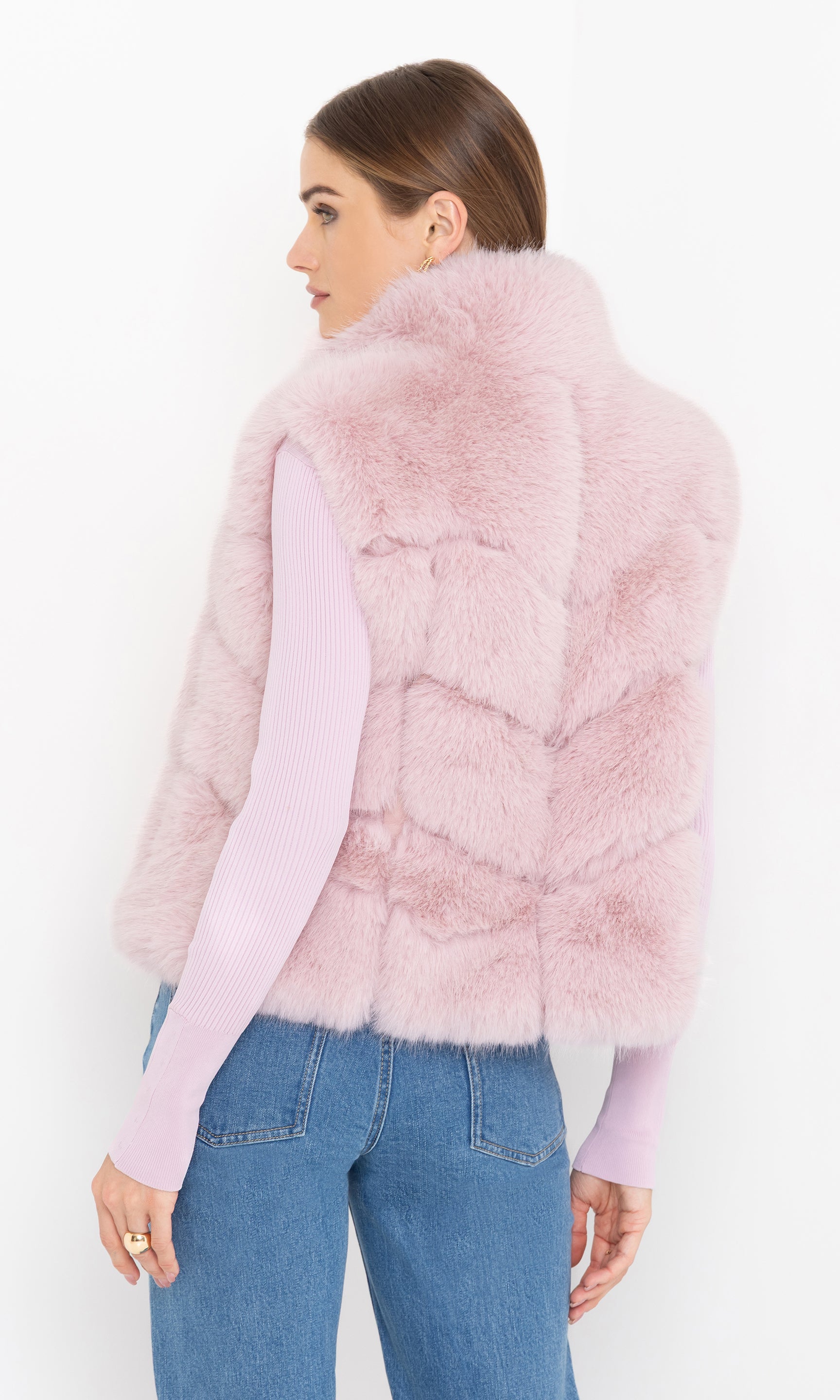 Rear view of Rosario Faux Fur Vest in blush pink, showing the smooth back panel and soft faux fur.