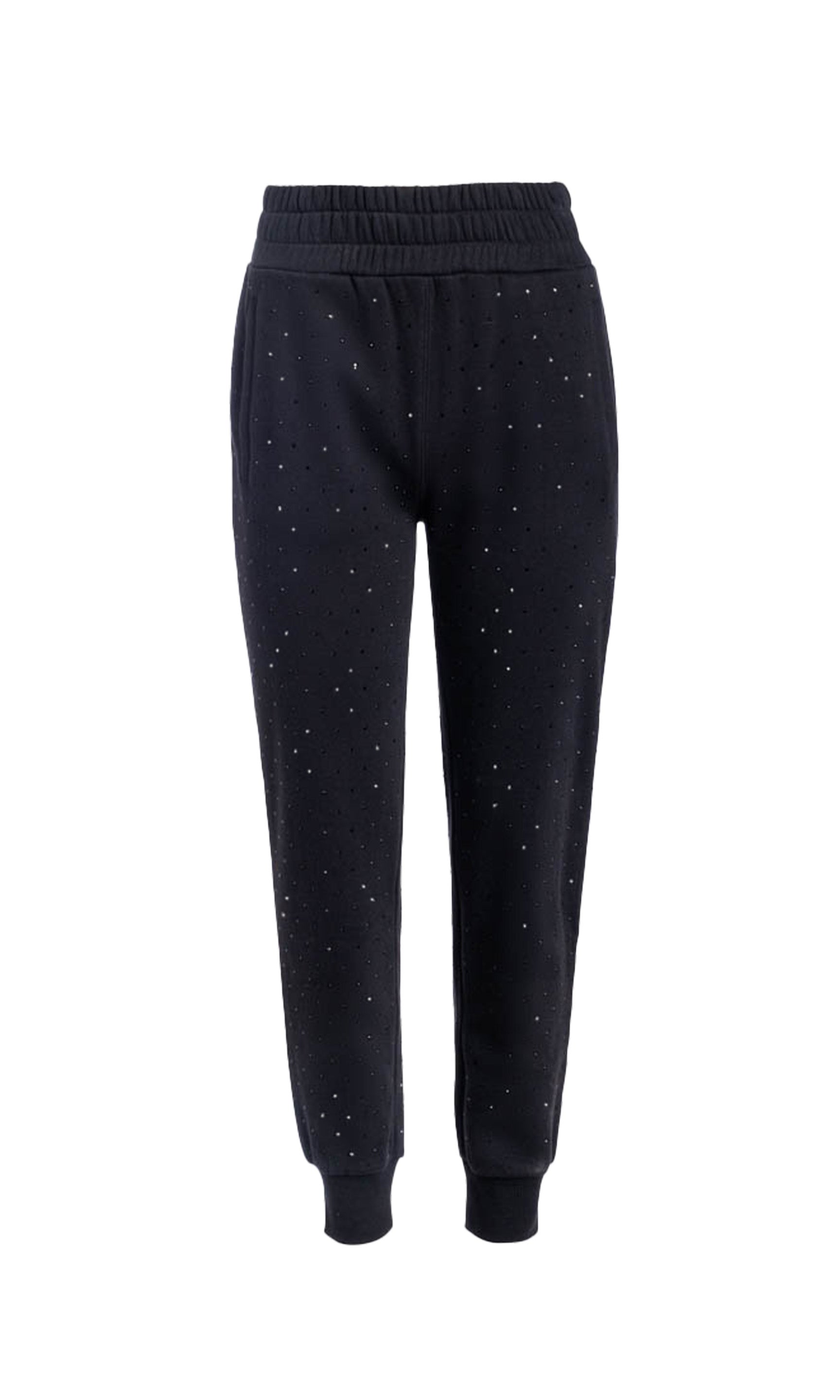 Flat image of the Ruel sweatpants in black with crystal embellishments all over on a white background