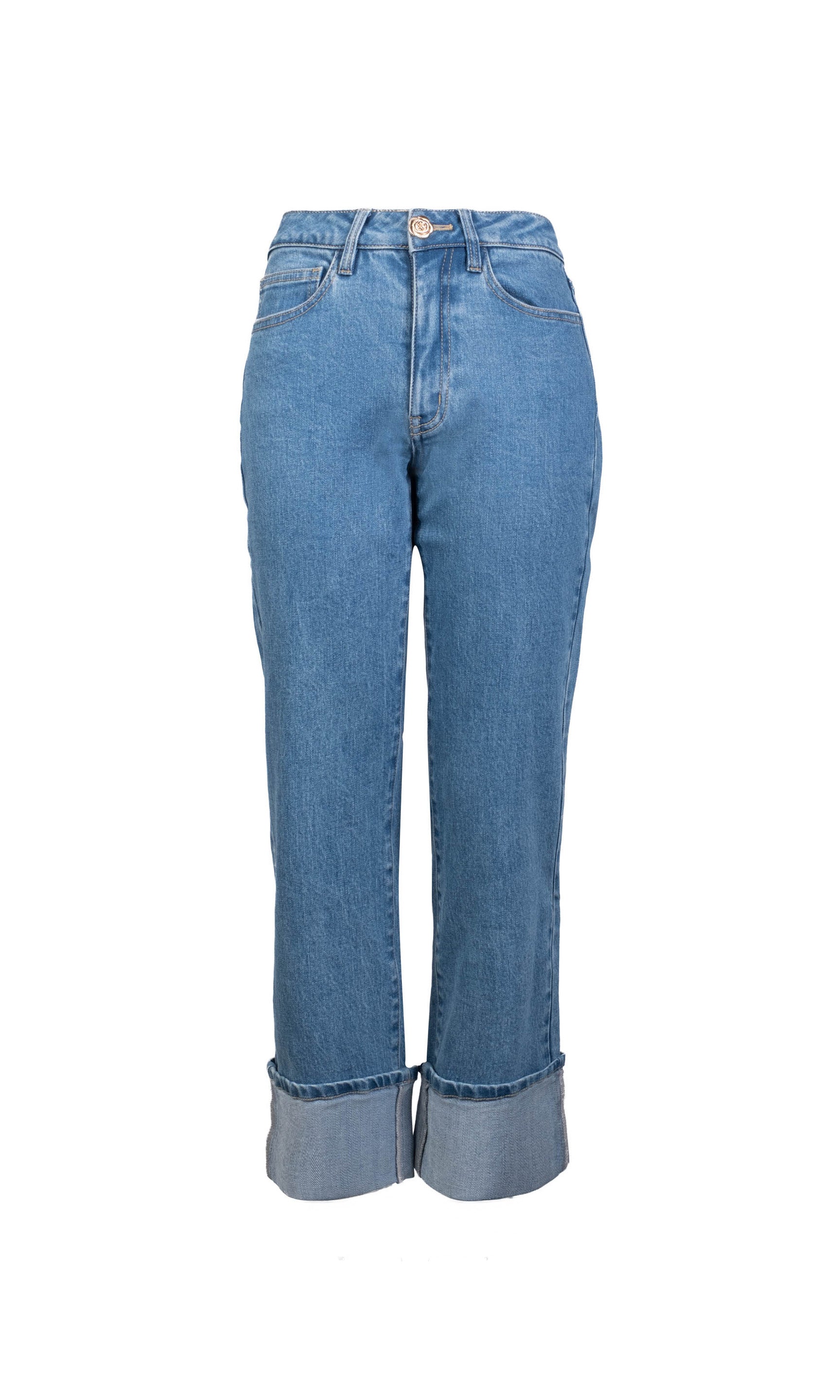 ghost image of the Rylan denim jeans in a blue denim wash with cuffed legs