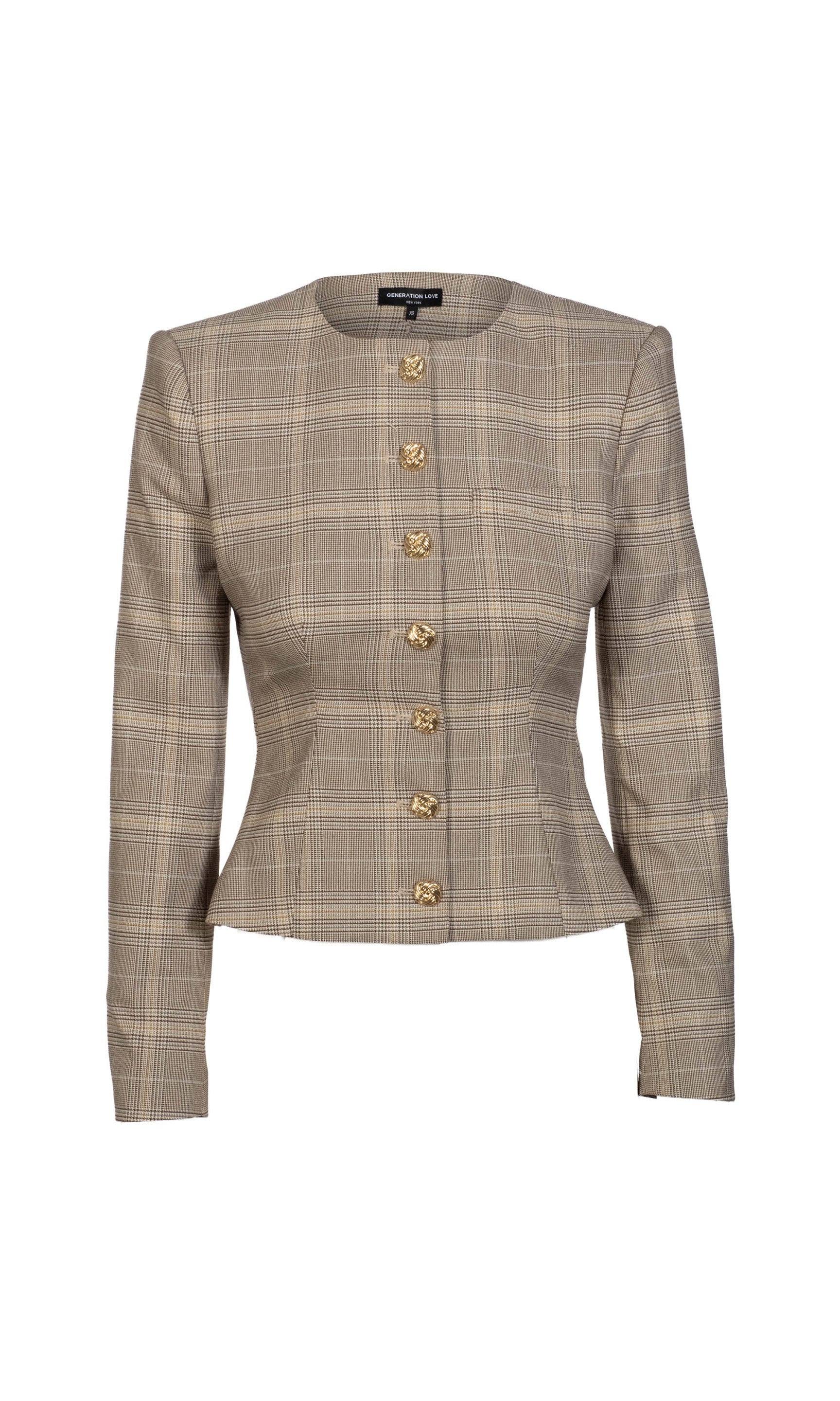 Plaid blazer with gold buttons on a white background