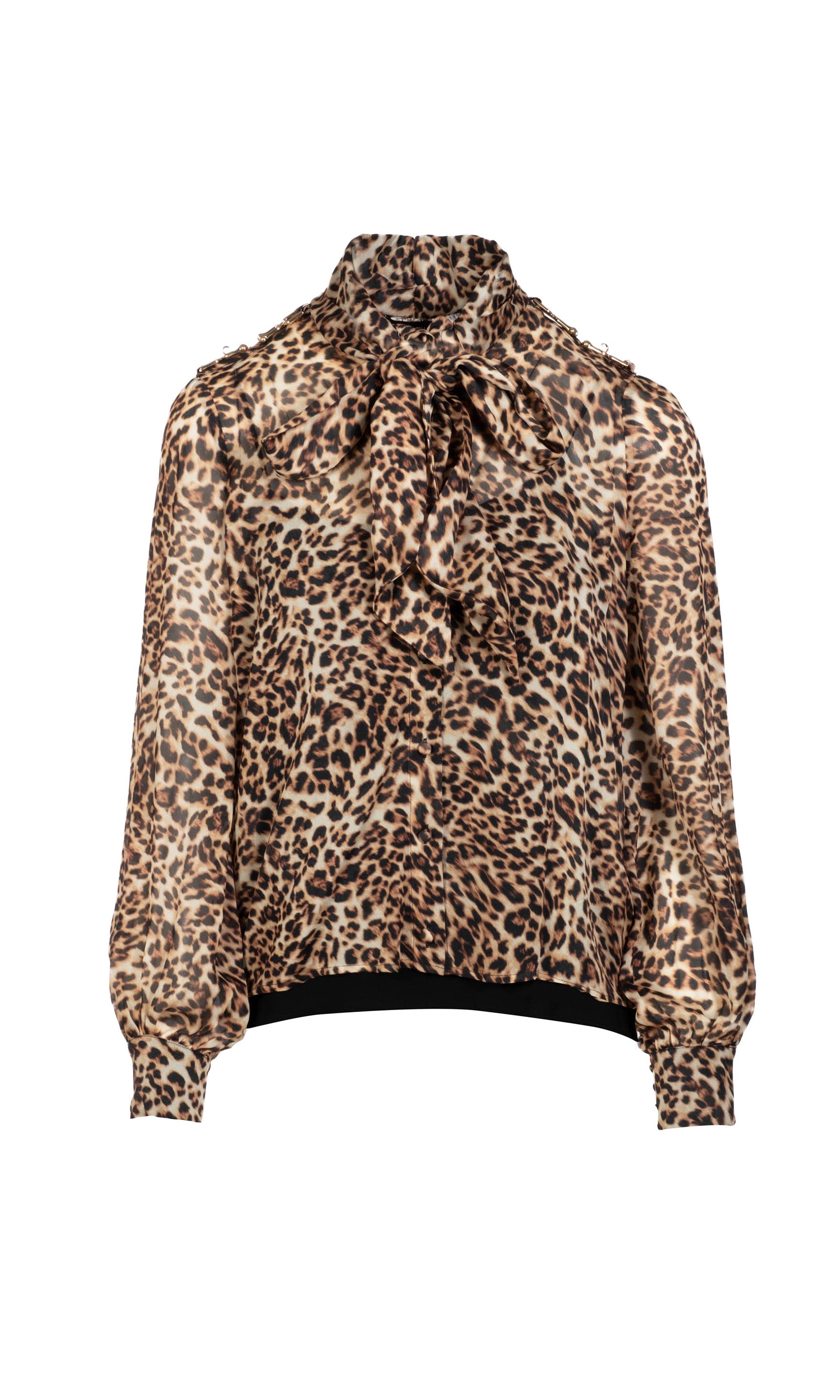 Leopard print blouse with a tie neckline on a white background