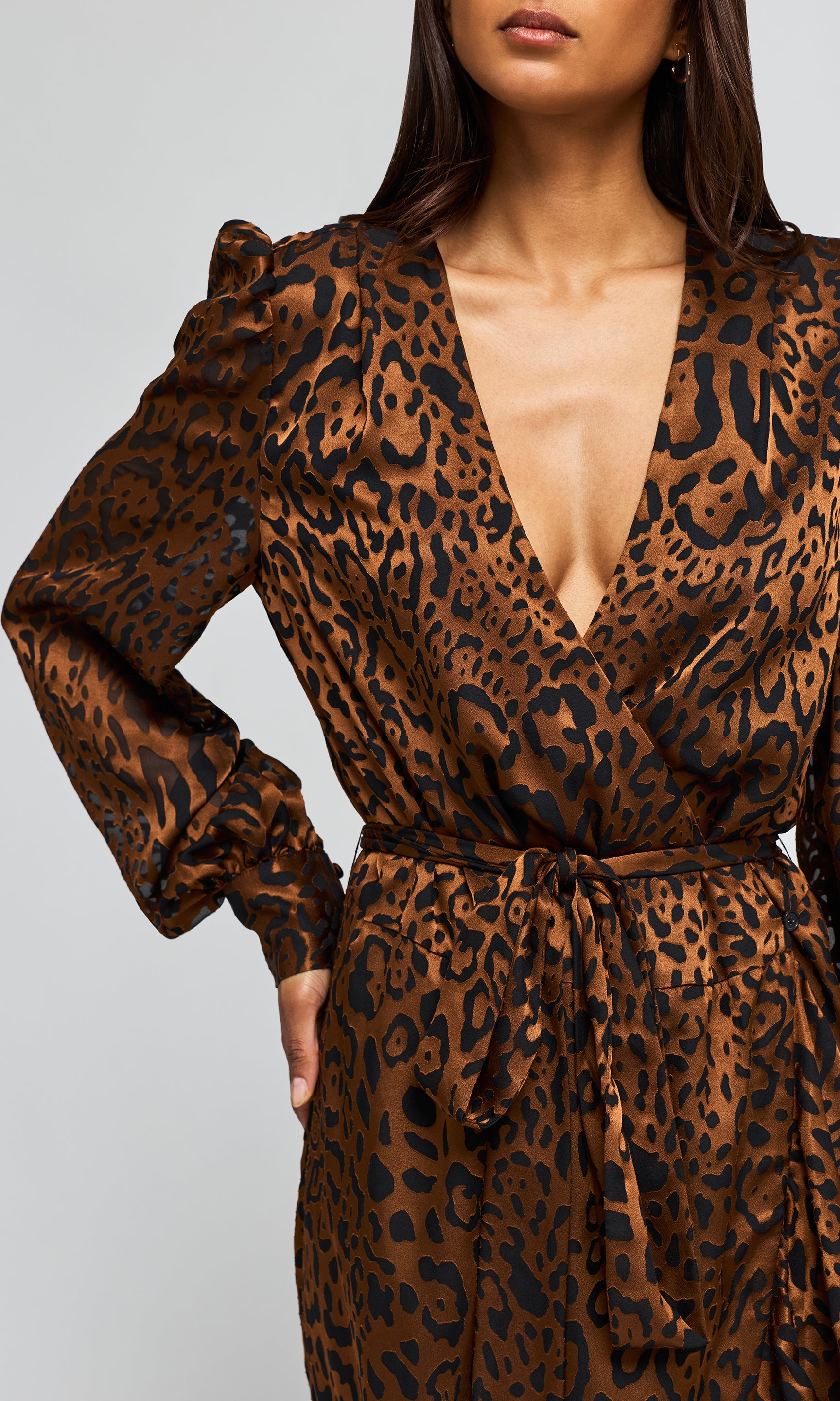 Close-up of a brown and black leopard print wrap dress with long puffed sleeves and a tie waist.