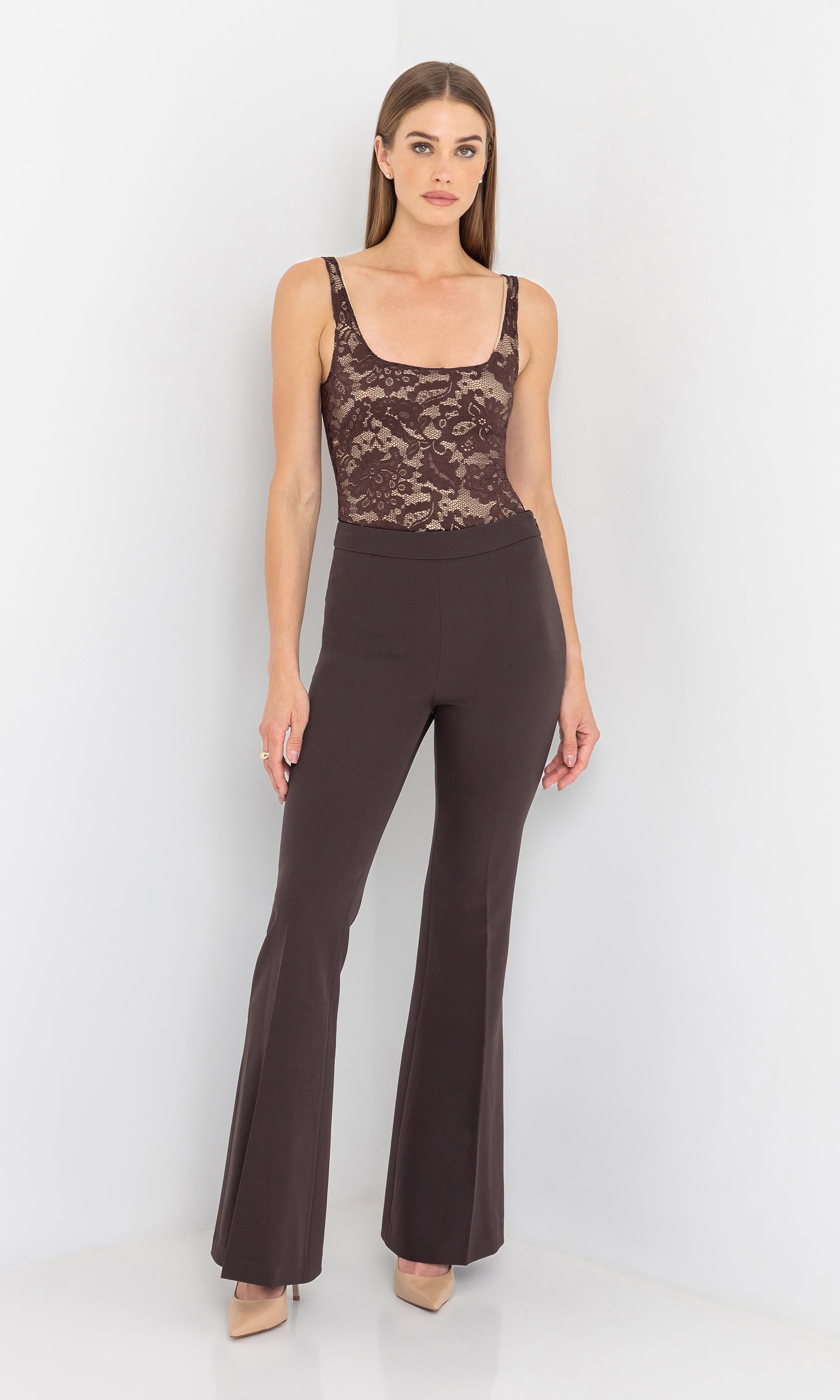 Full body front view of the model in the wesley crepe pants.