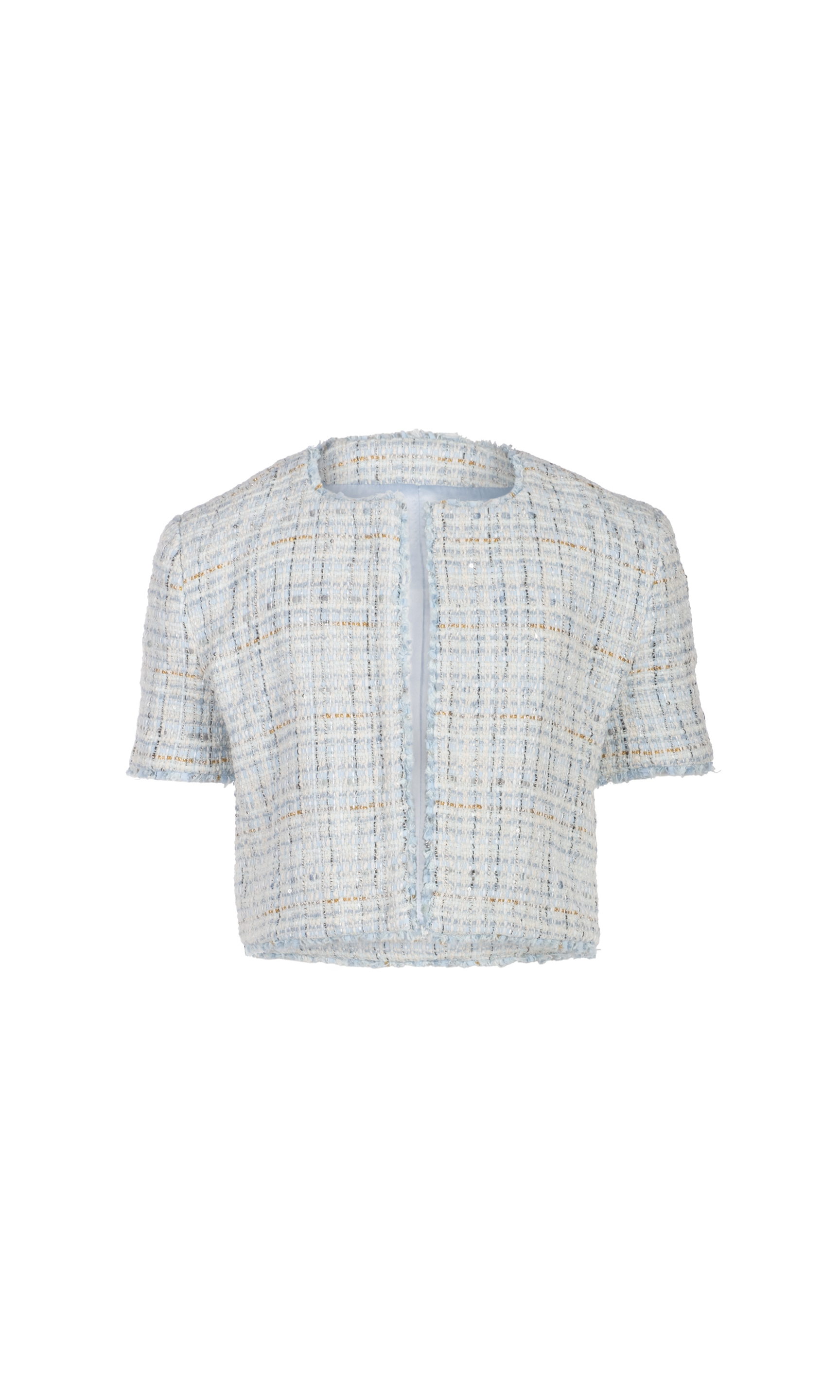 Short-sleeve checkered tweed jacket on a white background