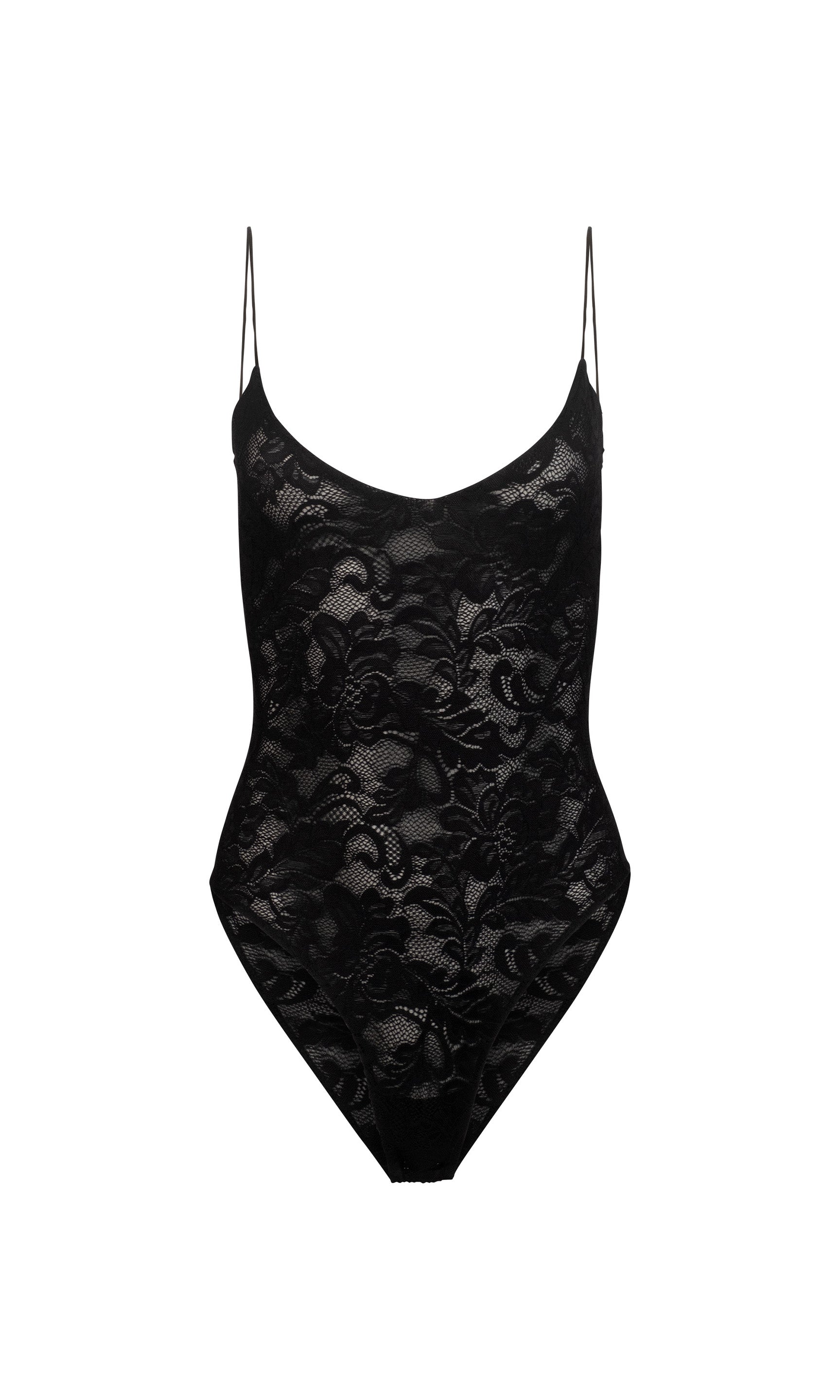 Black lace bodysuit on a white background