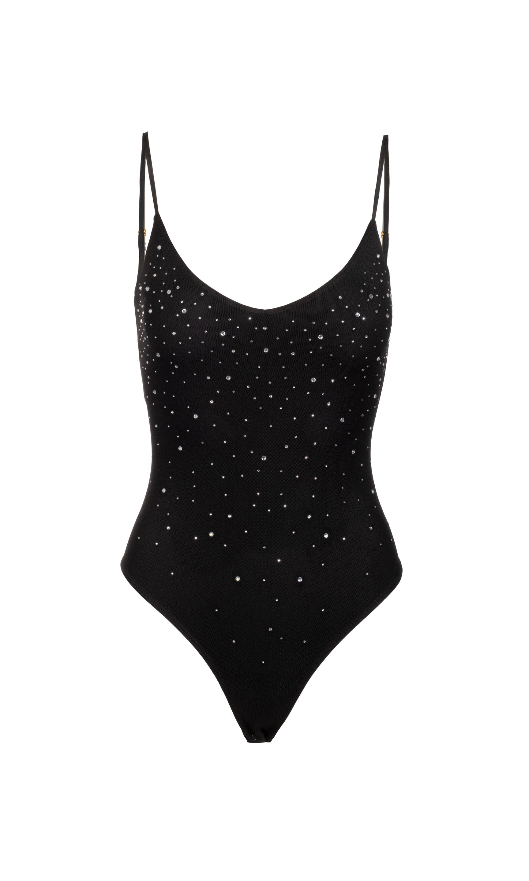 Black swimsuit with crystal embellishments on a white background