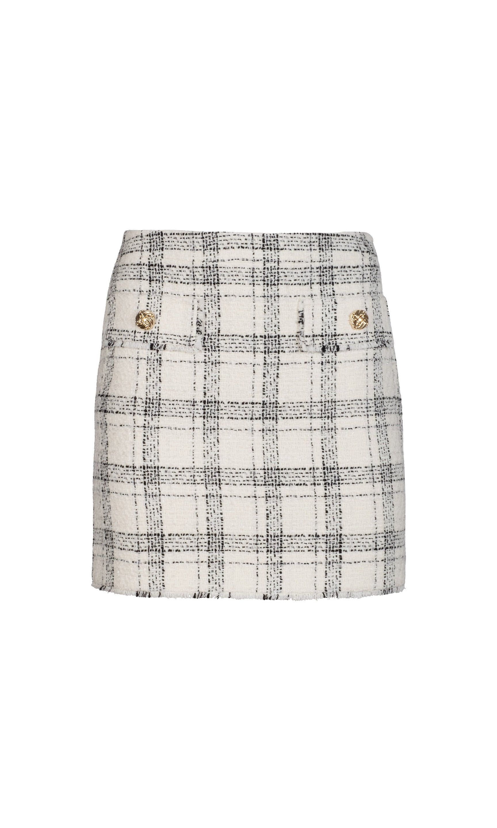White and black plaid skirt with gold buttons on a white background