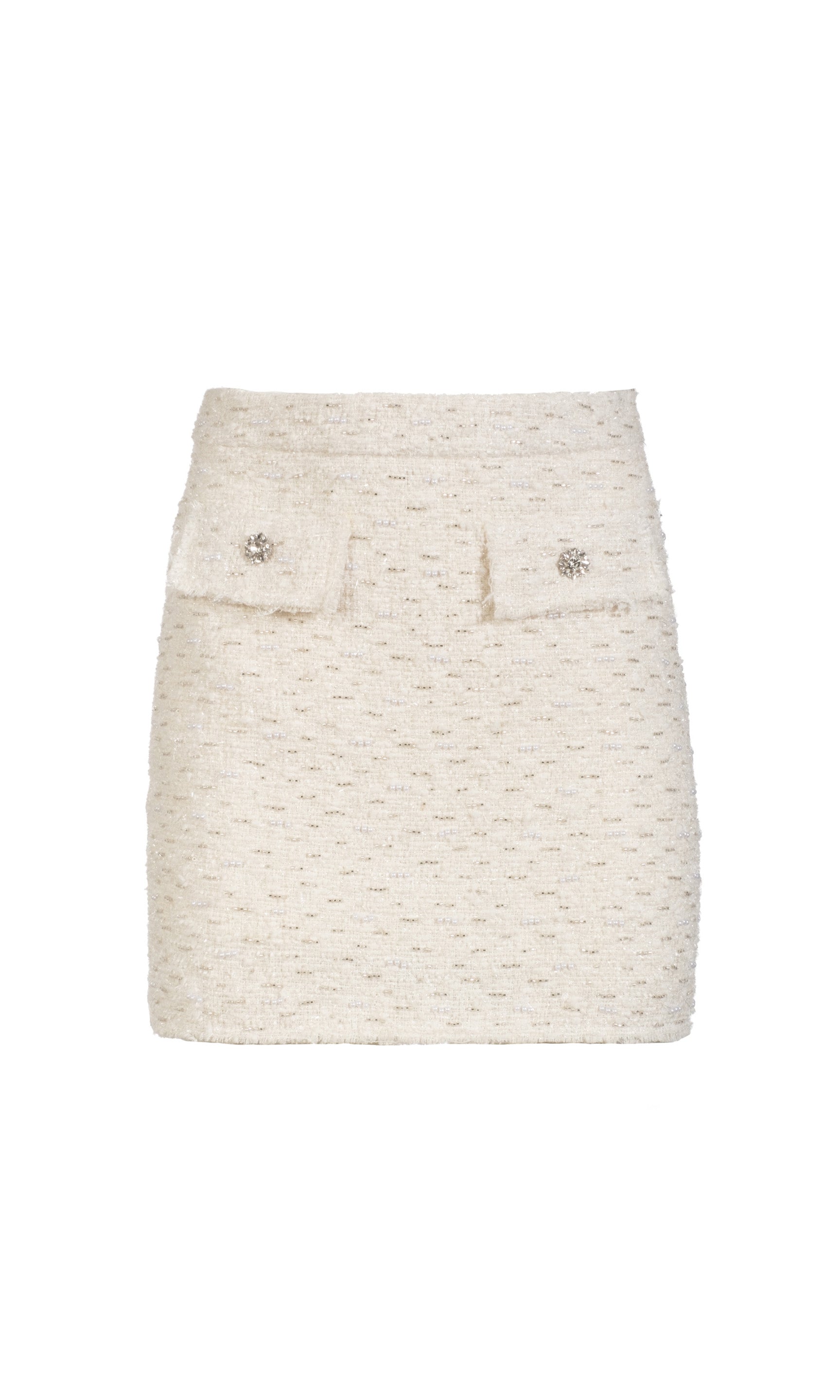 White textured skirt with button details on a white background
