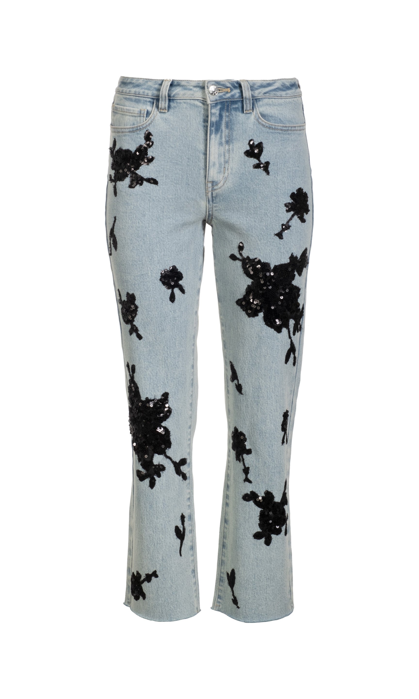 Ghost image of the Bella light blue jeans with black floral sequin patterns on a white background