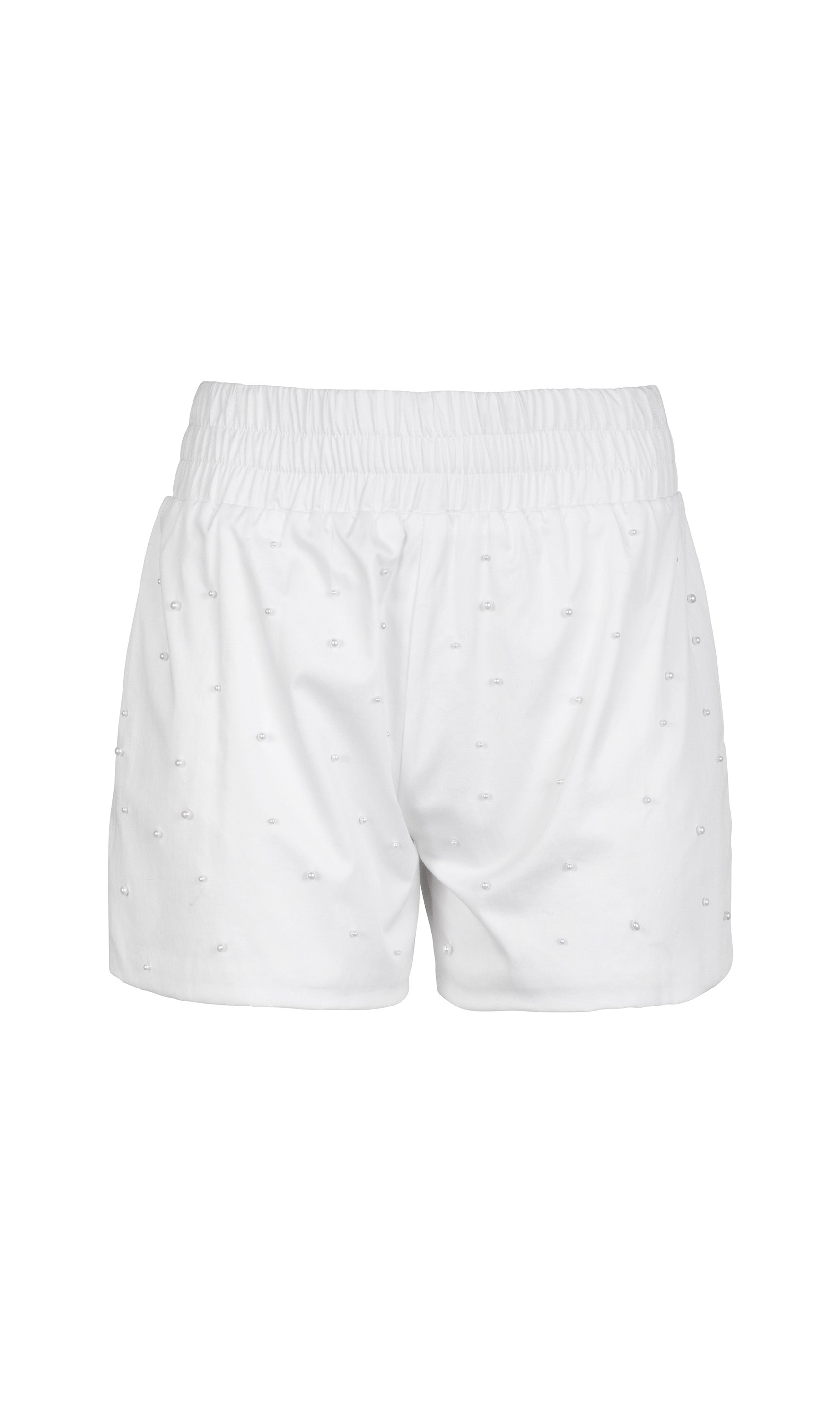 White shorts with pearl embellishments on a white background