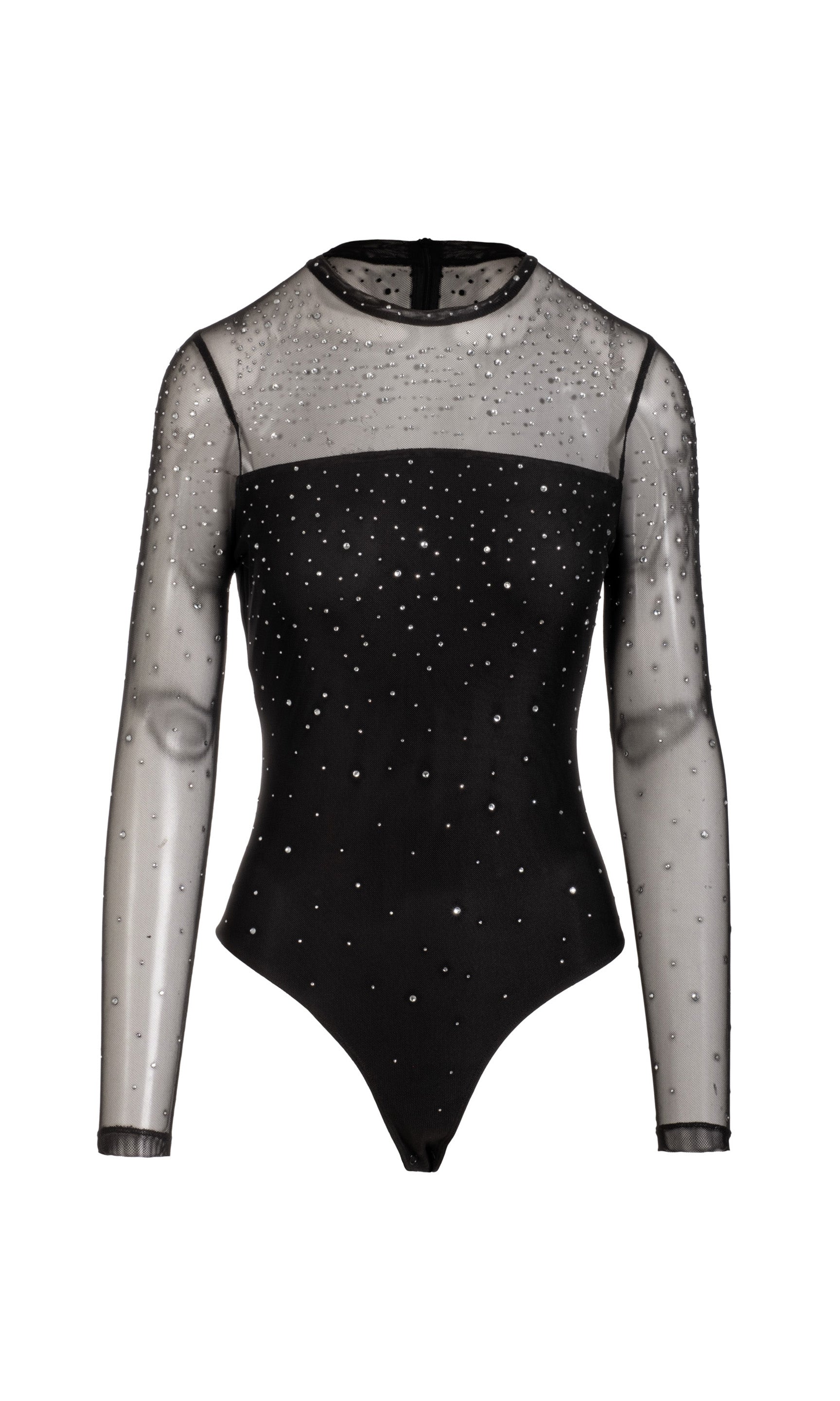 Black bodysuit with sheer long sleeves and crystal embellishments on a white background