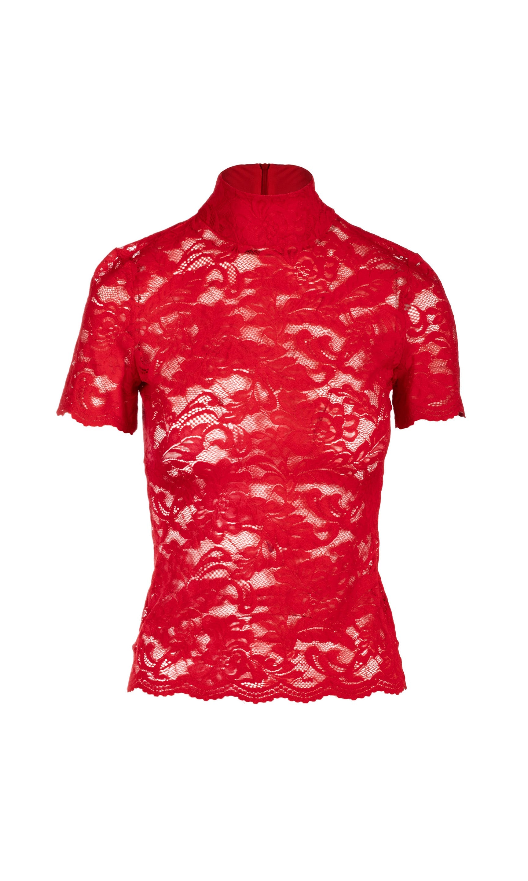 Ghost image of the Callen red lace top on a white background