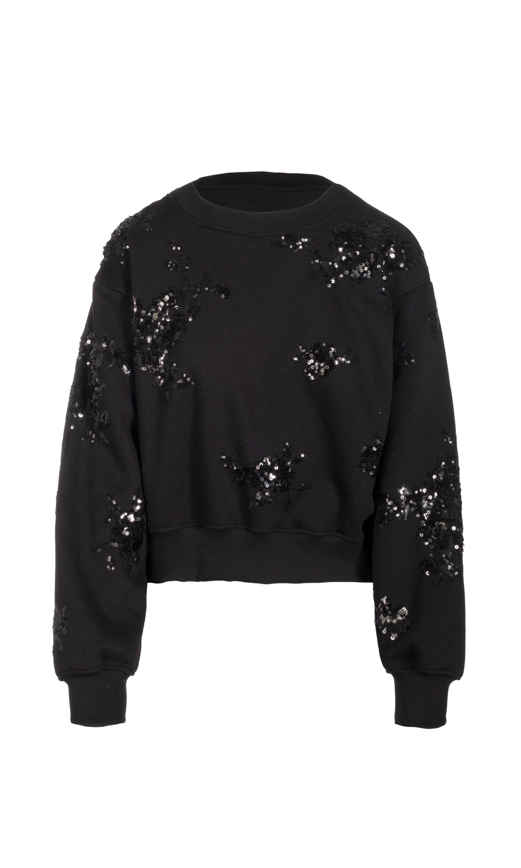 Black sweatshirt with sequin embellishments on a white background