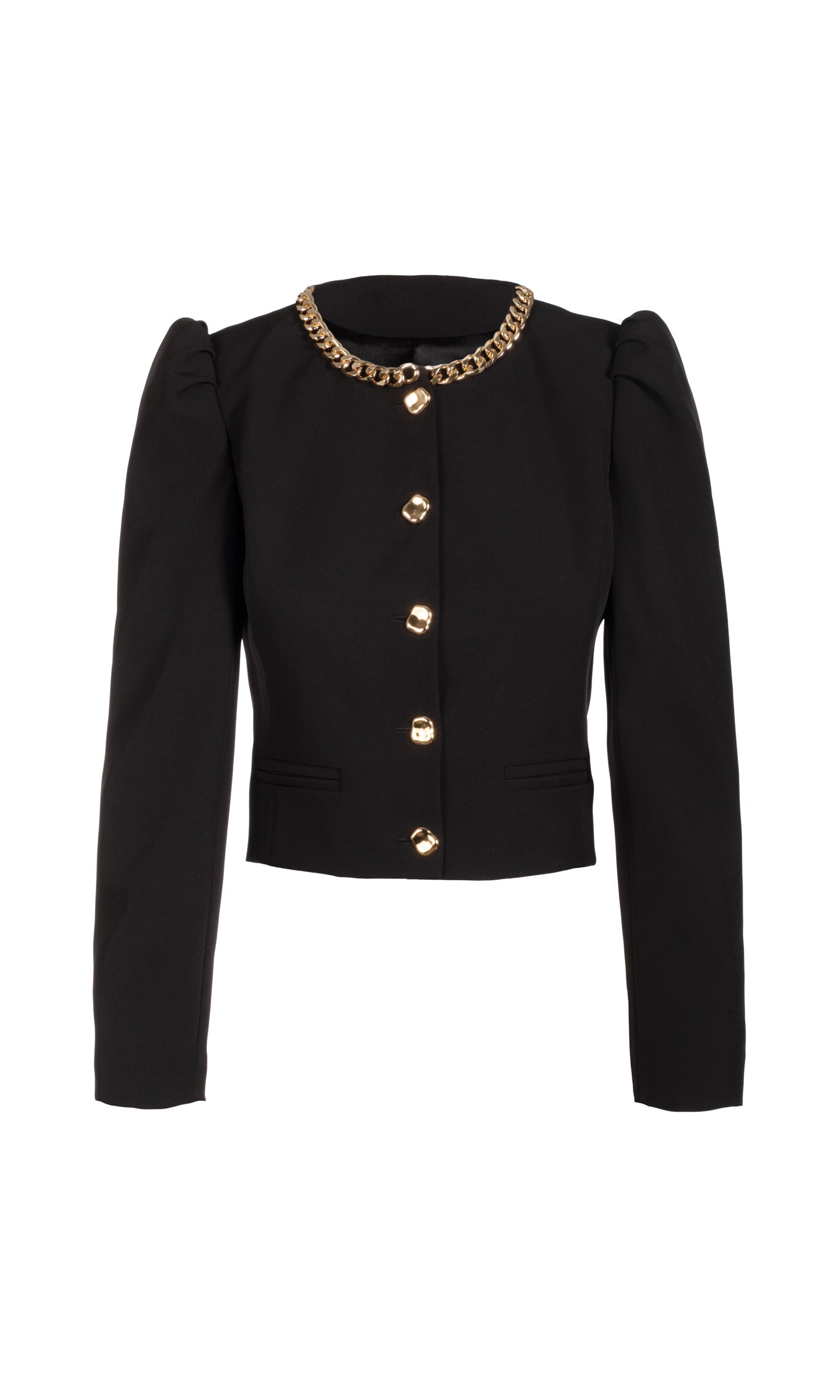 Ghost image of the Chiara black jacket with gold buttons and chain trim on a white background