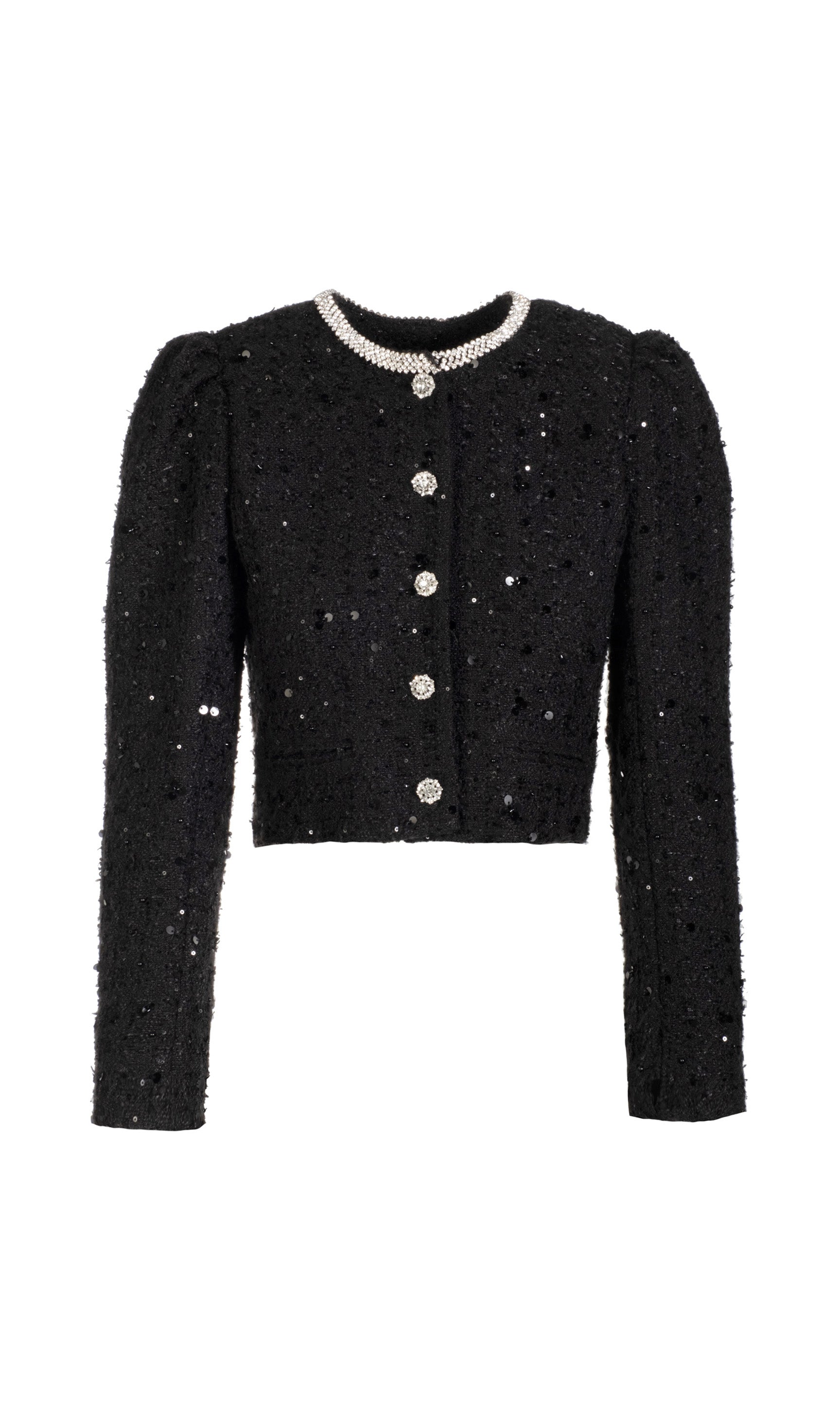 Black tweed jacket with crystal buttons on a white background
