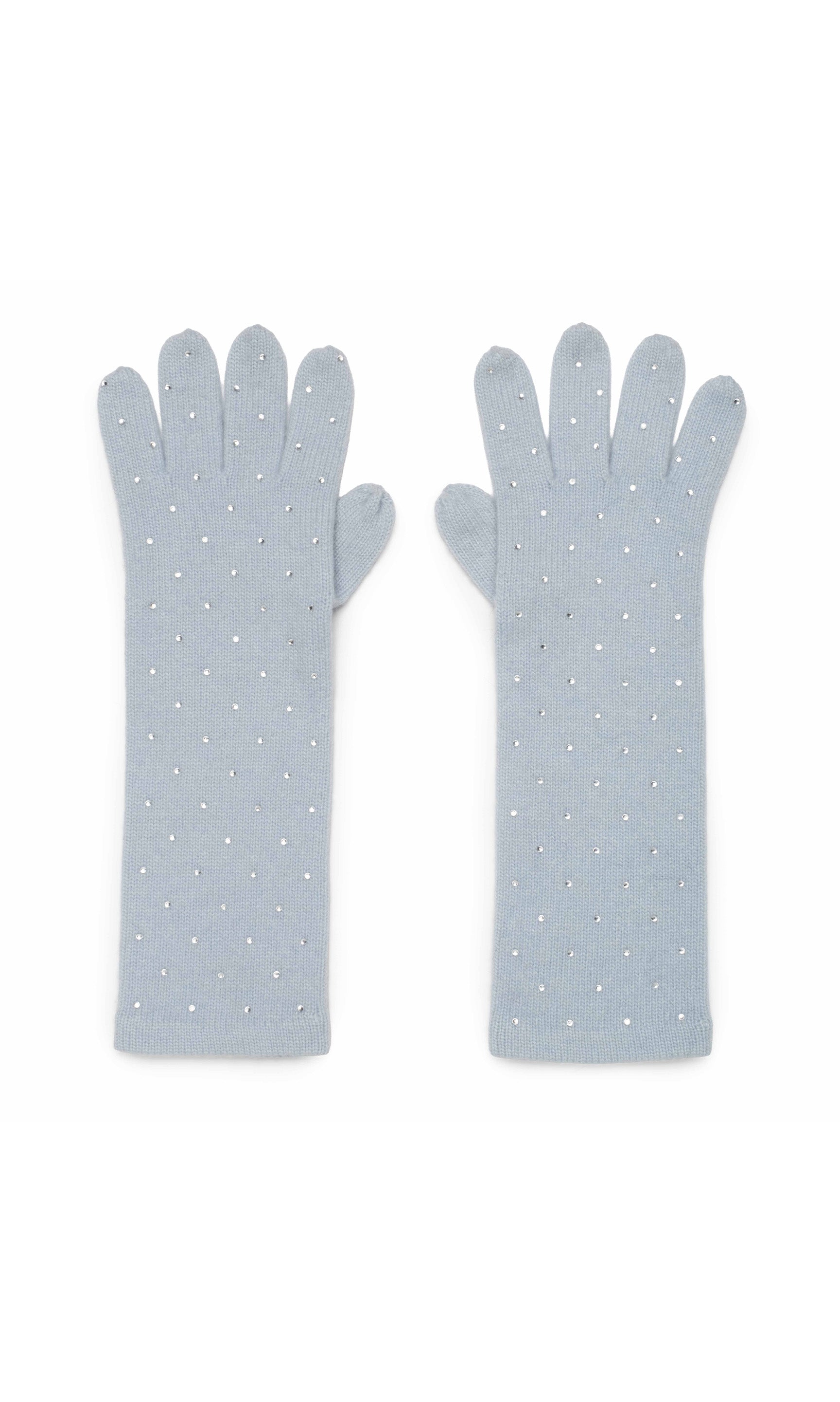 Pair of light blue gloves with crystals on a white background