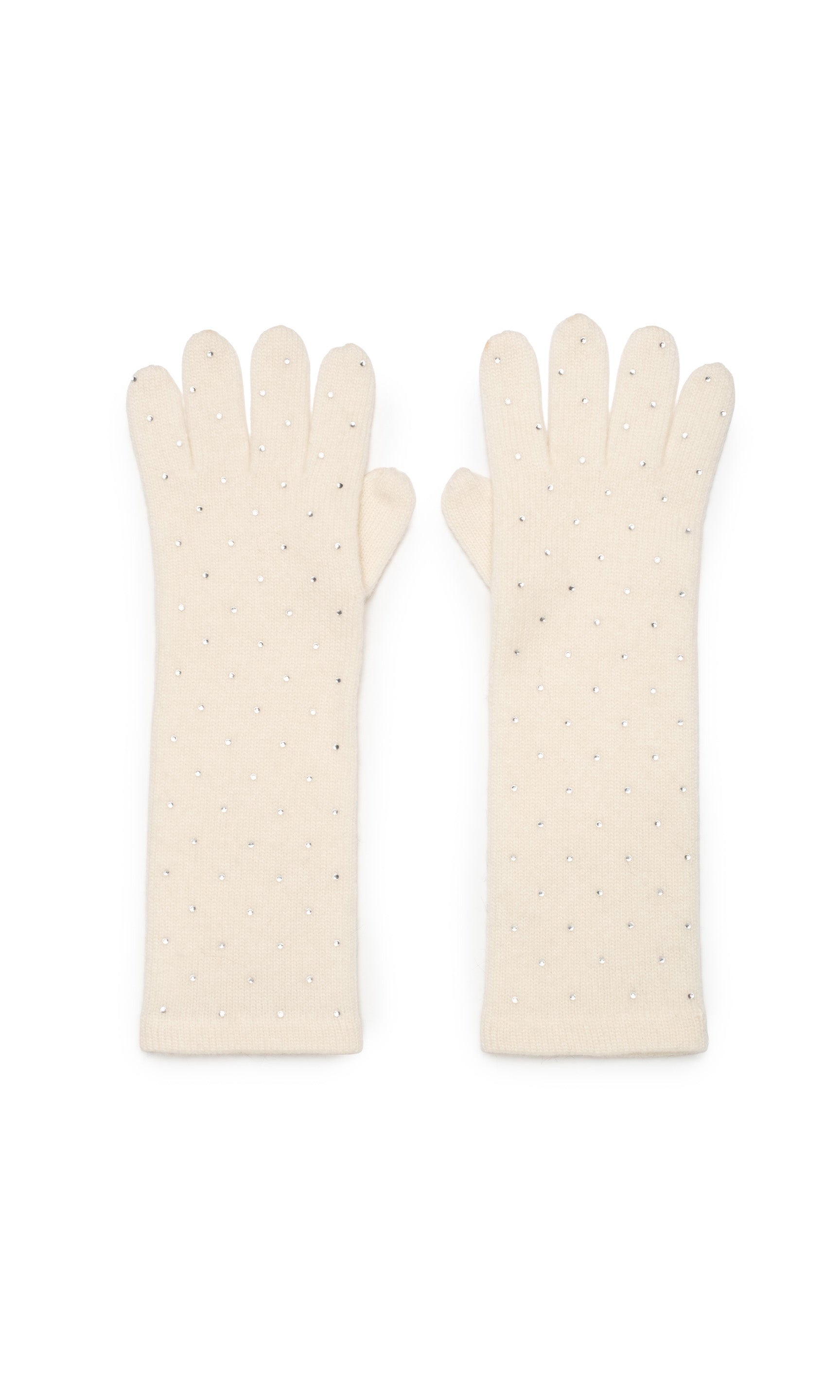 Pair of cream-colored gloves with a subtle pattern on a white background