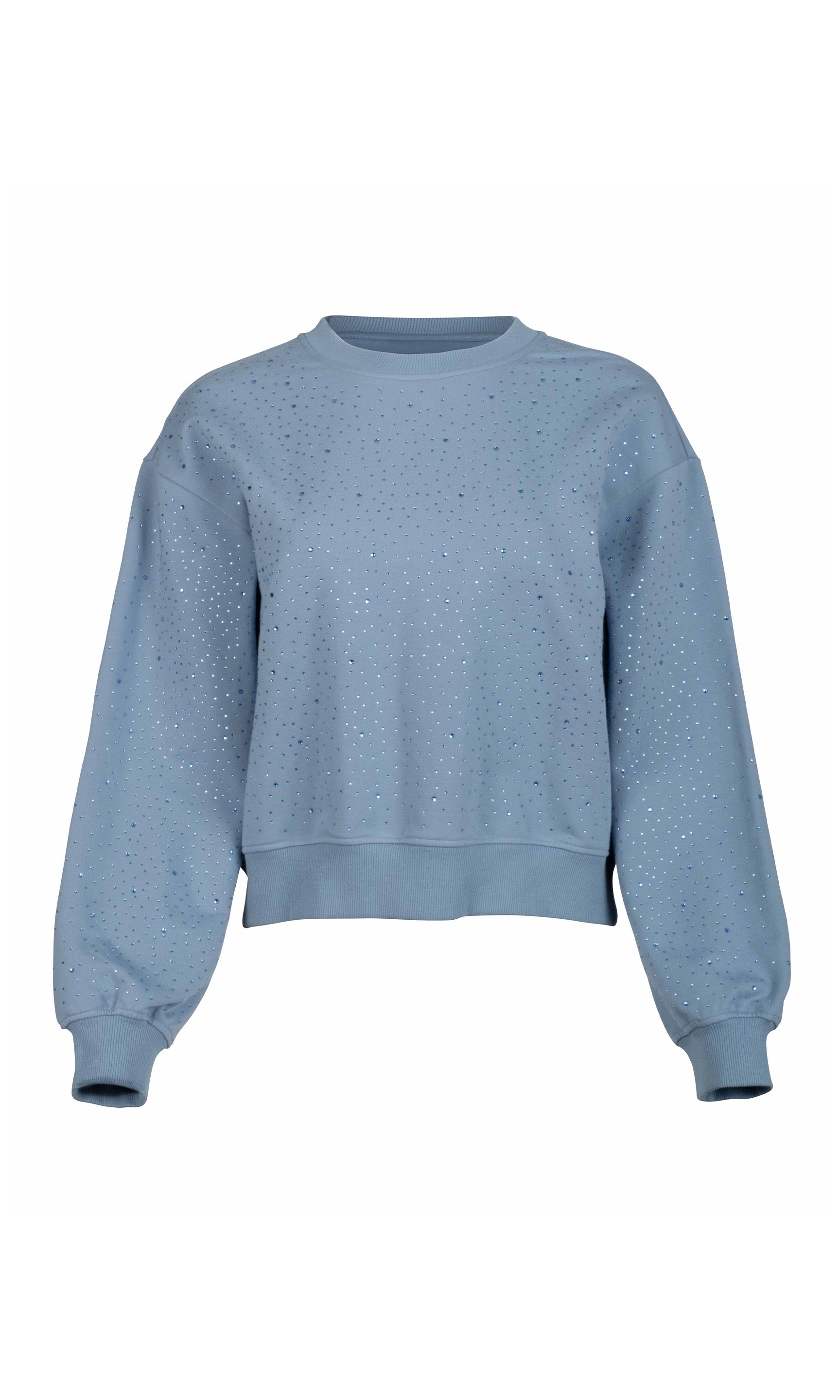Blue sweatshirt with crystal embellishments on a white background