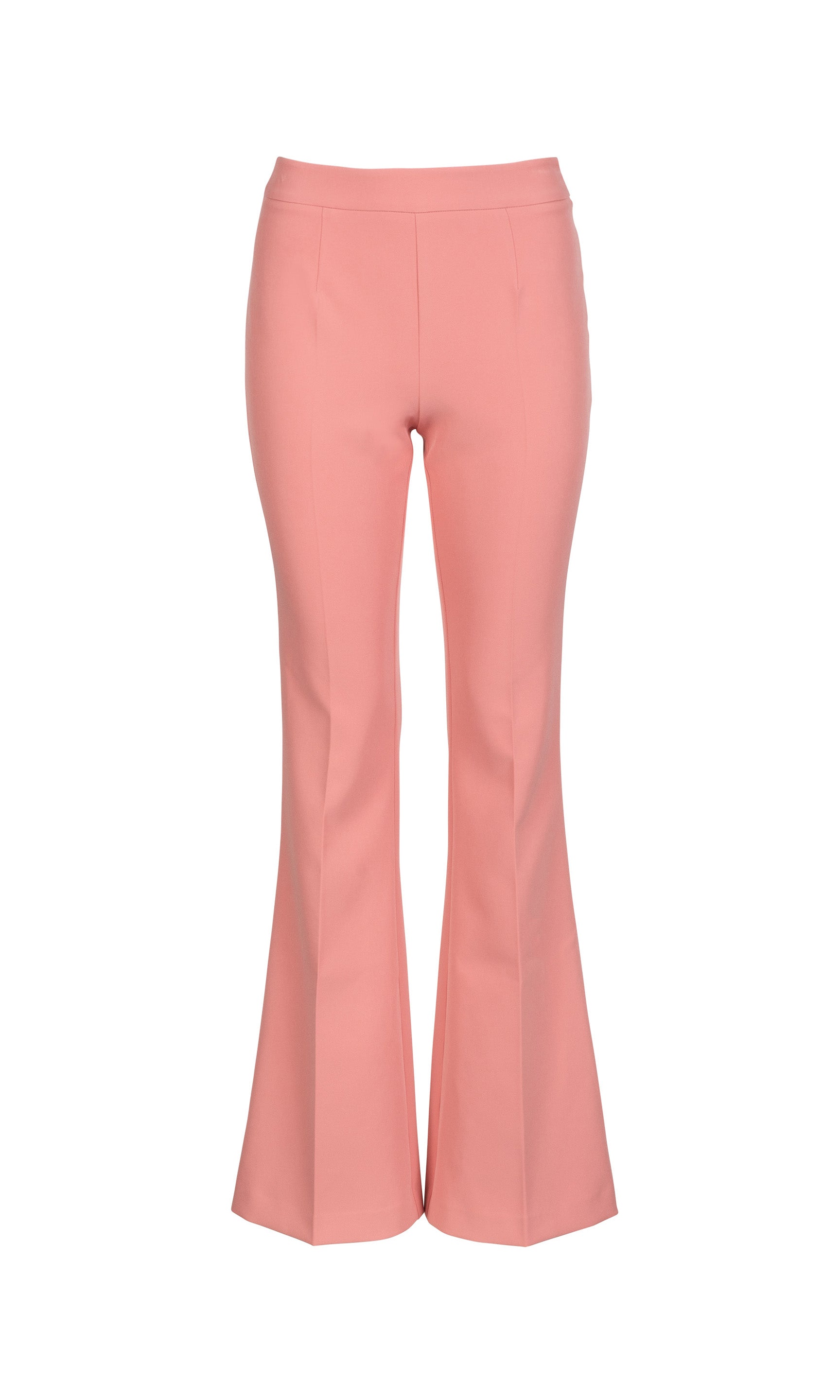 Pink flared crepe pants on a white background
