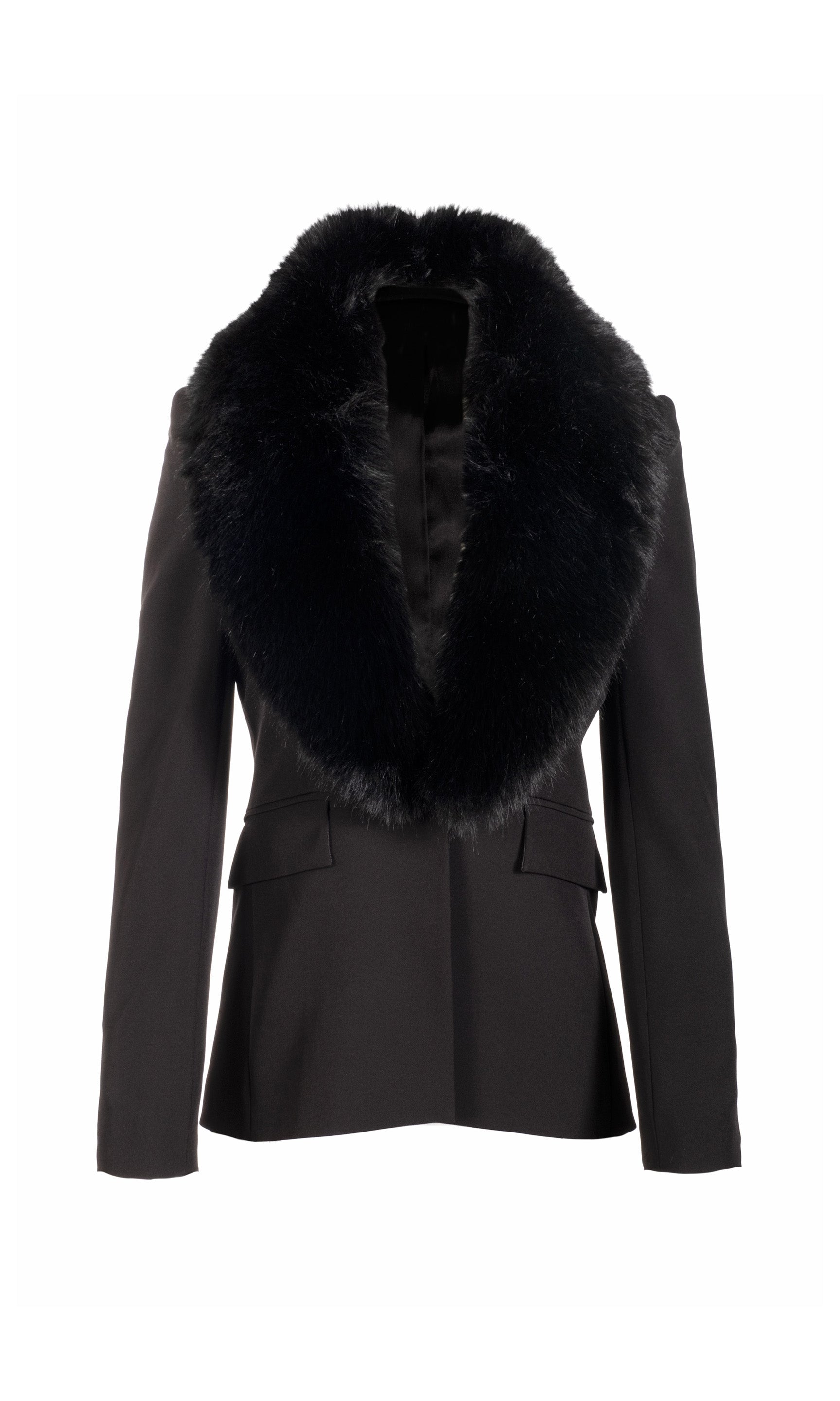 Ghost image of the Gwen black blazer with a faux fur collar on a white background