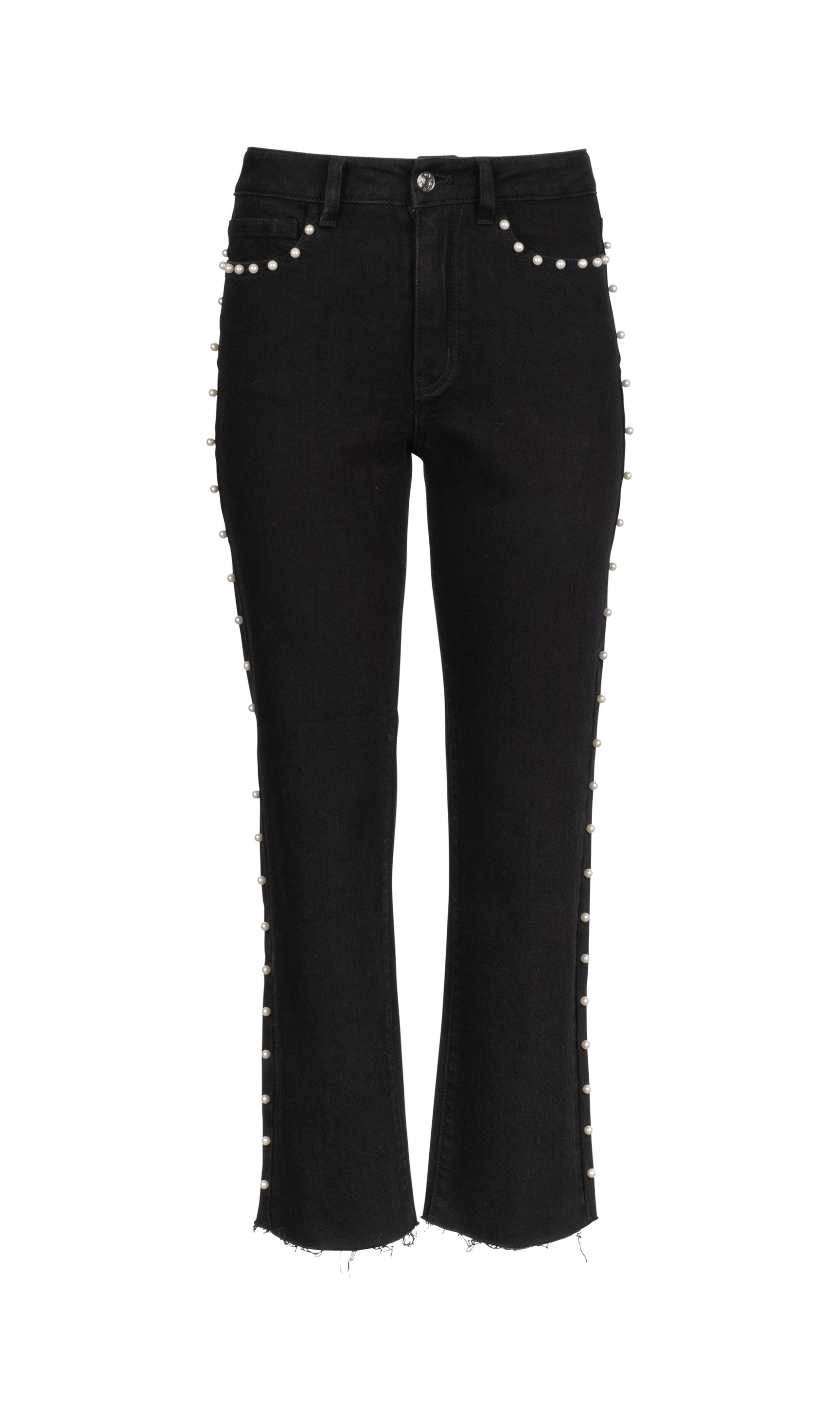 Black jeans with decorative pearl embellishments on a white background