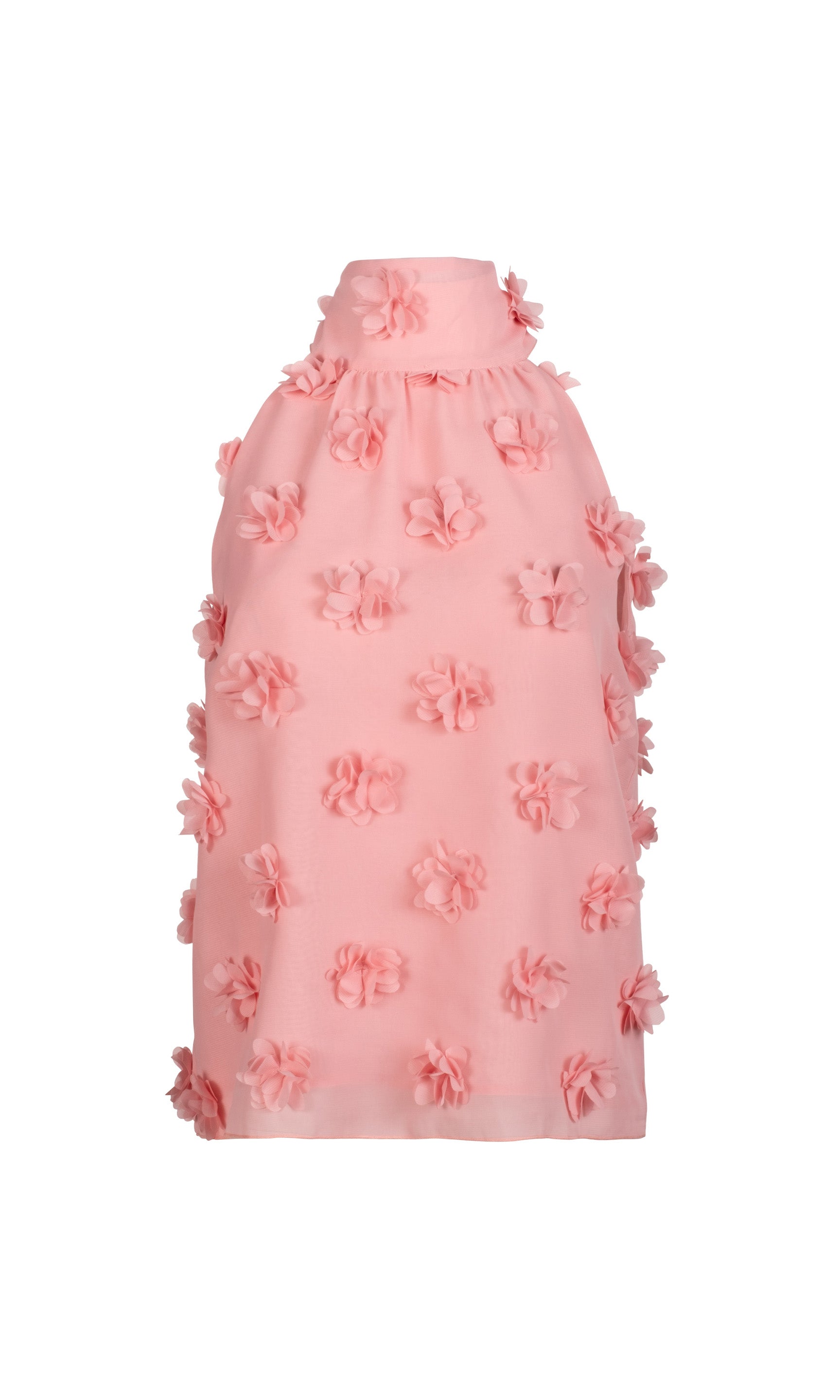 Pink halter top with floral embellishments on a white background