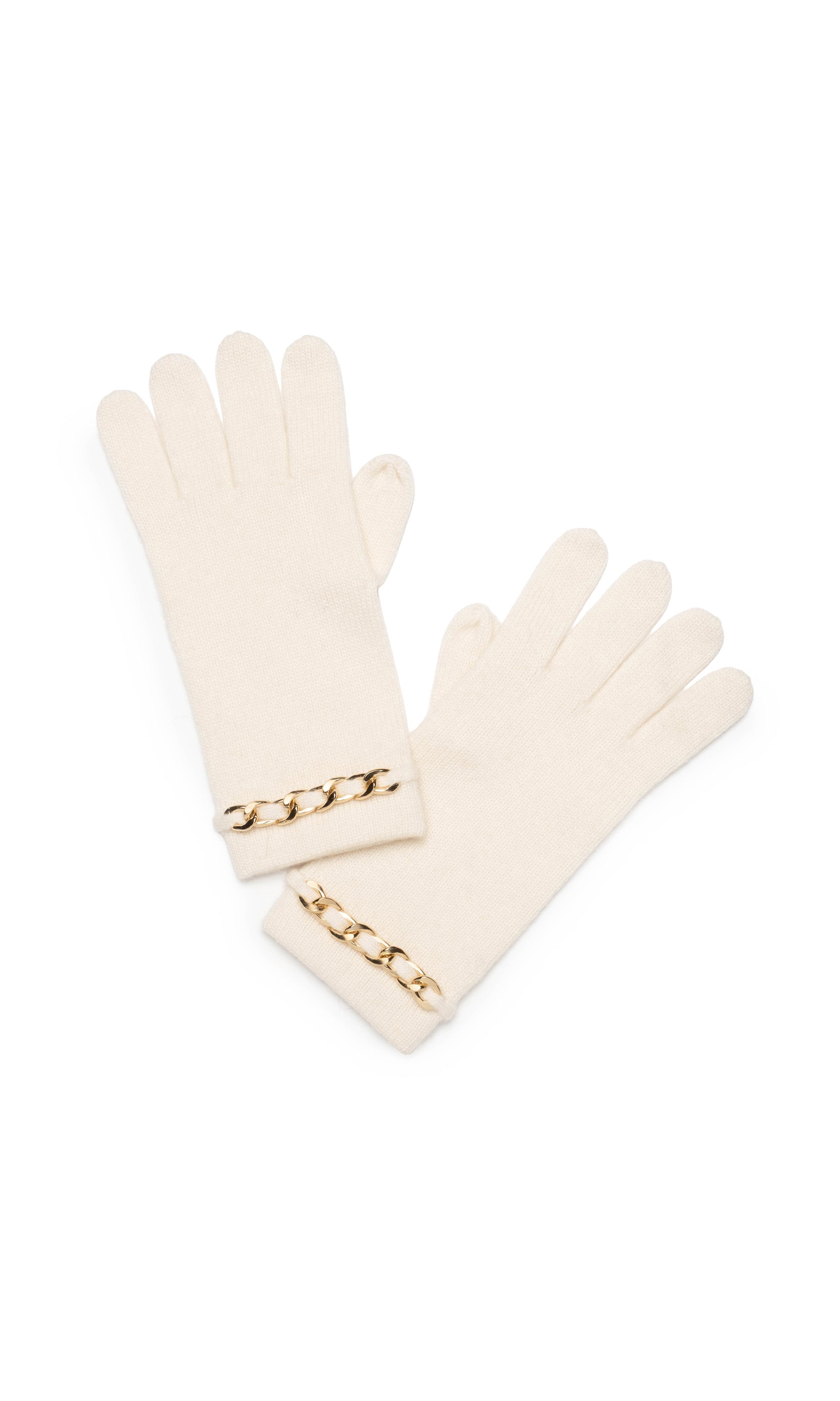 Pair of cream gloves with gold chain details on a white background