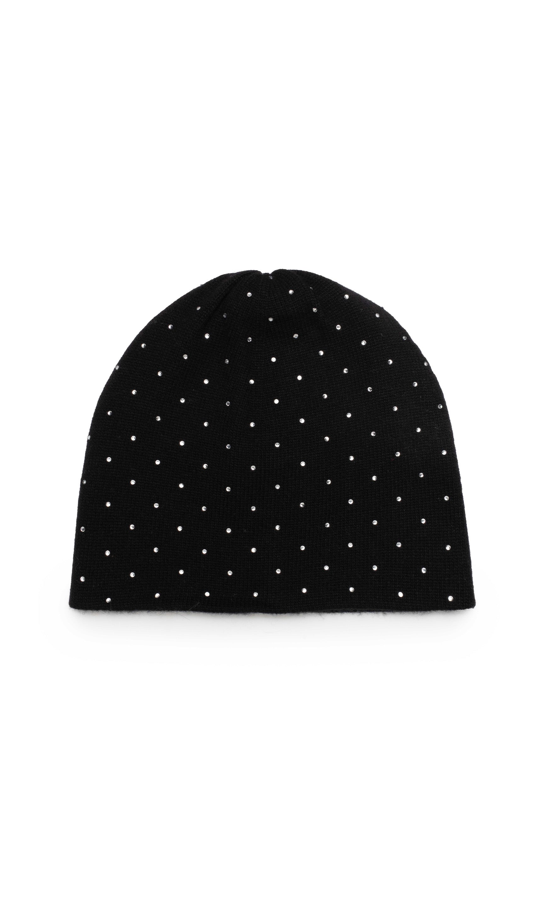 Black beanie with white crystals on a white background