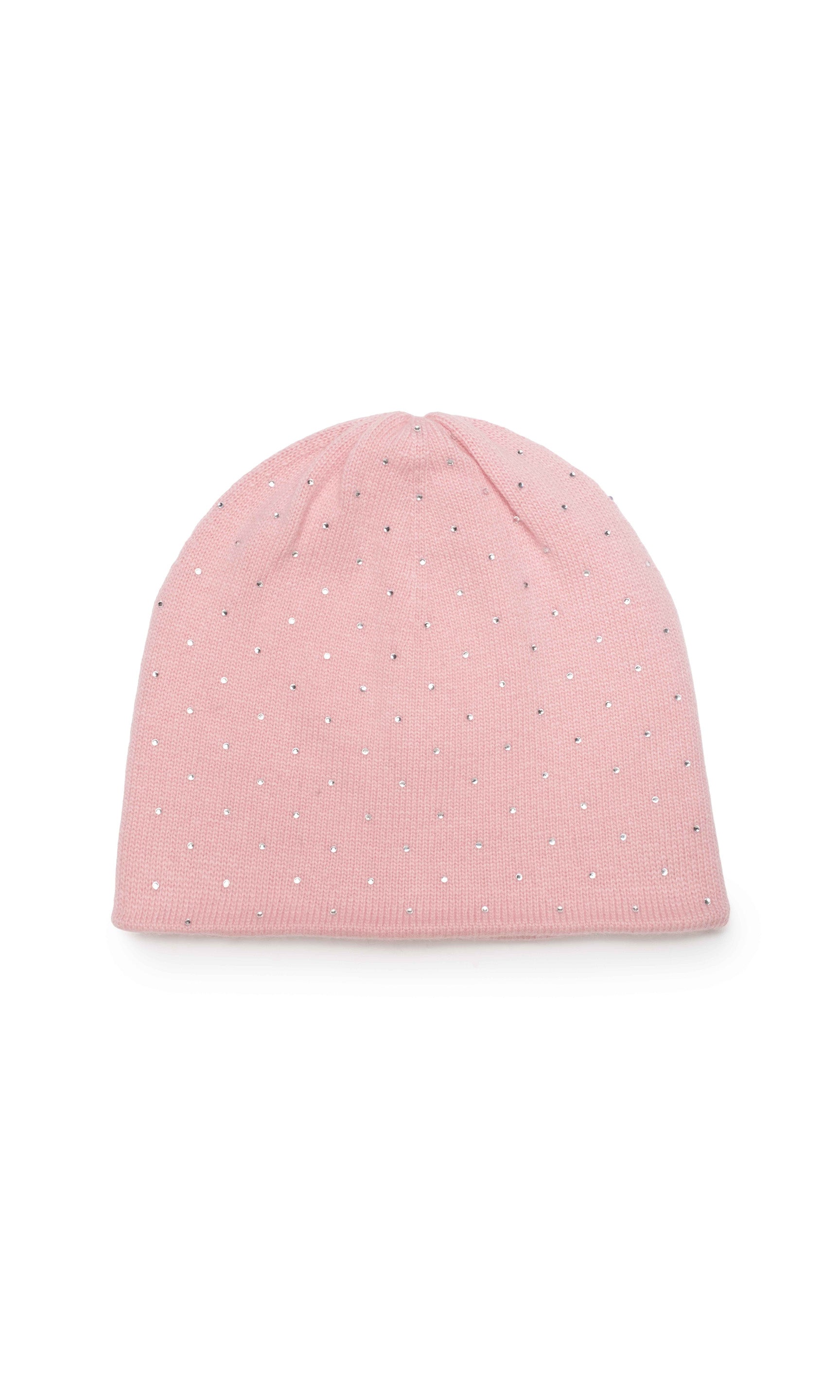 Pink beanie with white crystals on a white background