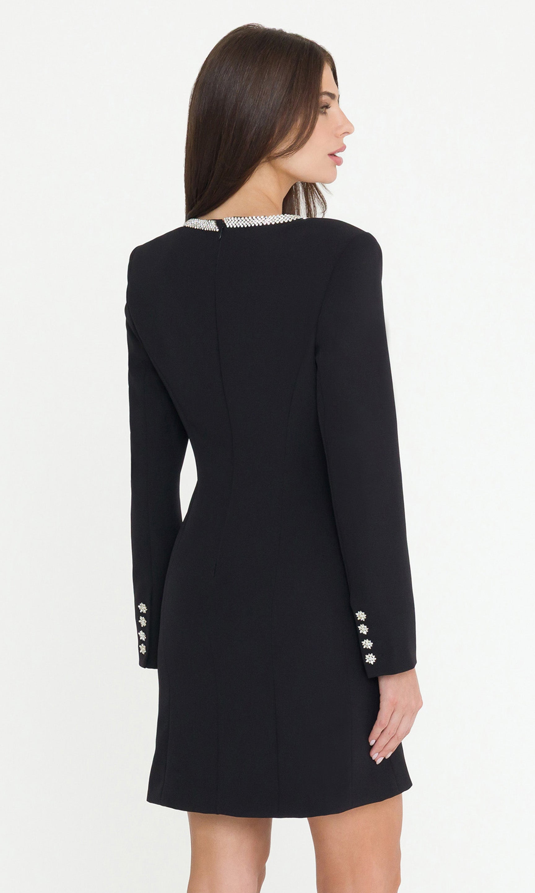 Back image of model wearing a black mini dress with a crystal neckline on a white background