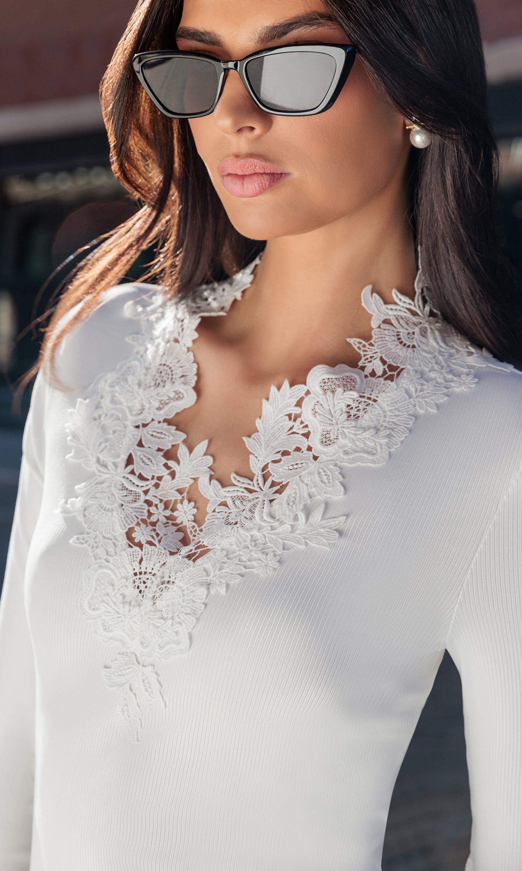 Piper Lace Combo Top | White Ribbed Knit Lace Trim Top