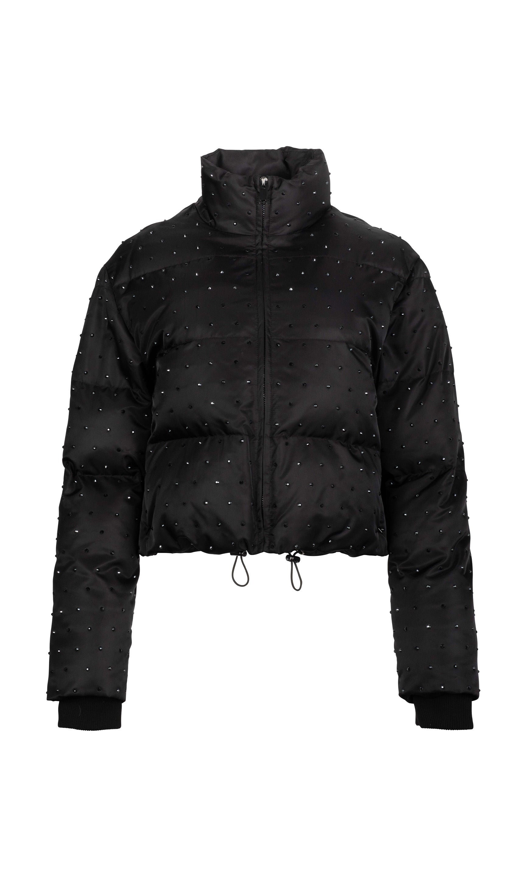 Black puffer jacket with crystal embellishments on a white background
