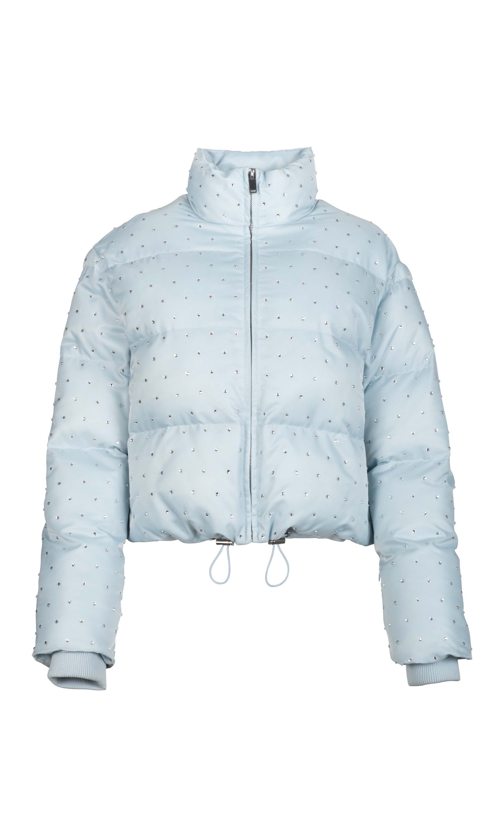 Light blue puffer jacket with crystal embellishments on a white background