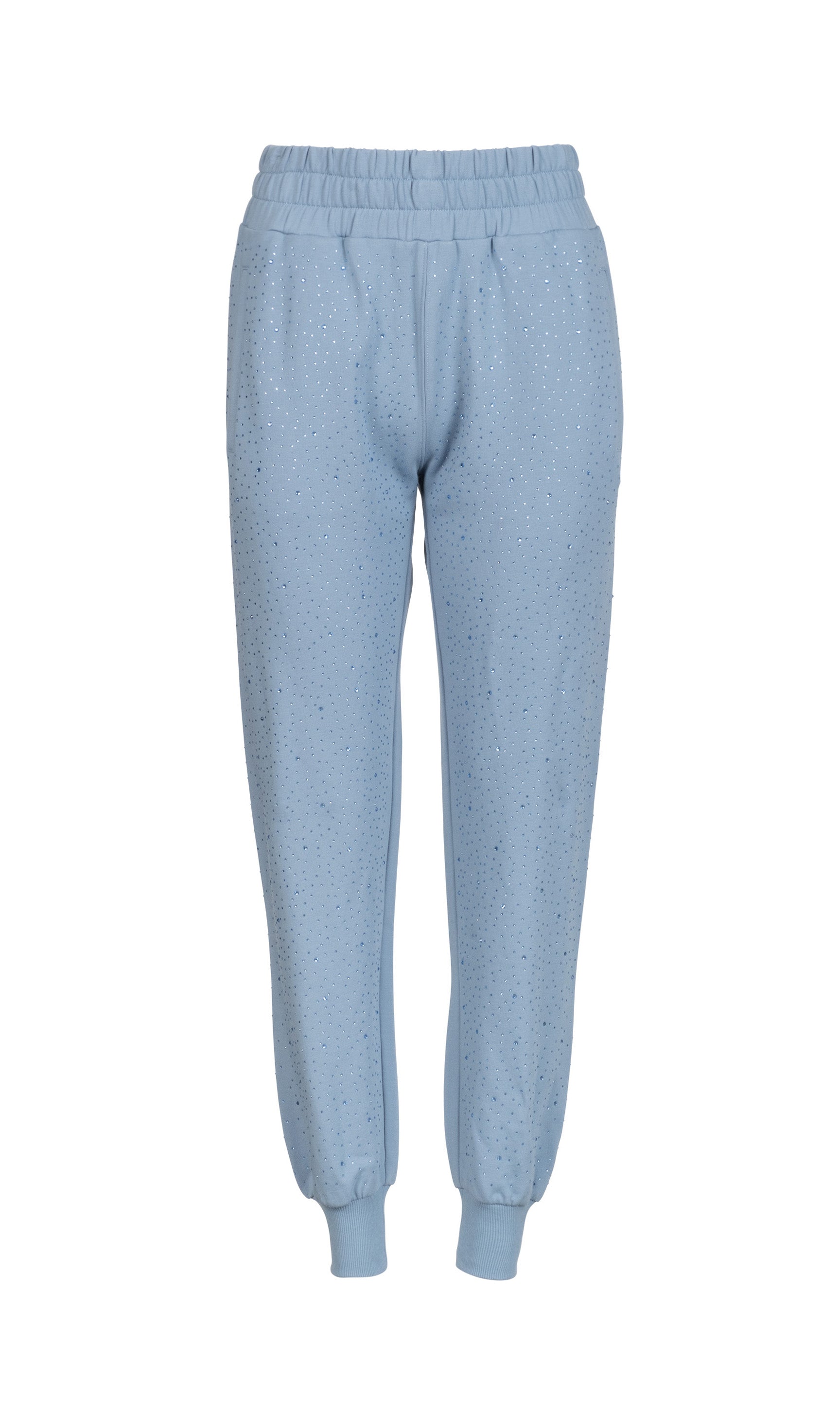 Light blue sweatpants with crystal embellishments on a white background