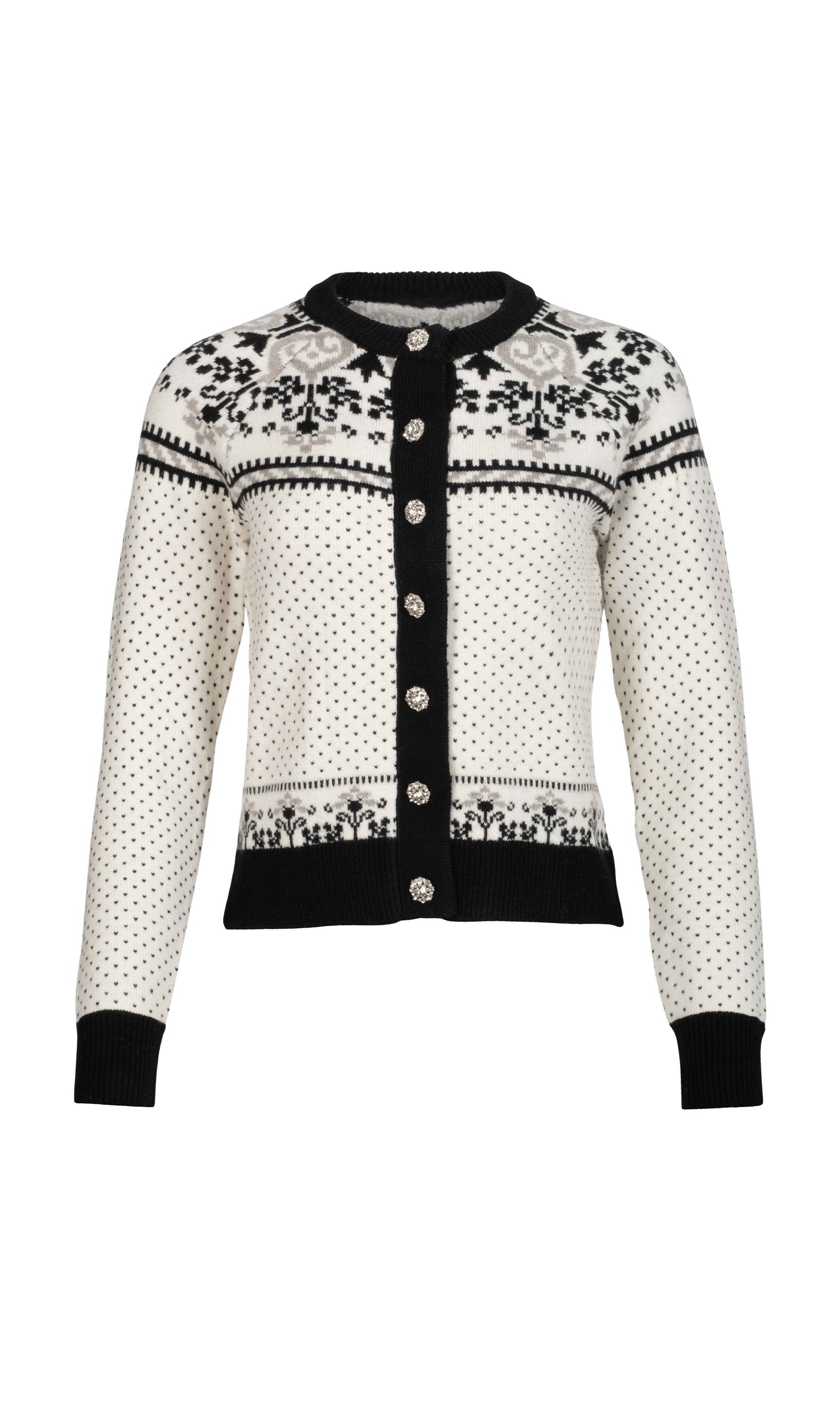 Black and white patterned cardigan on a white background