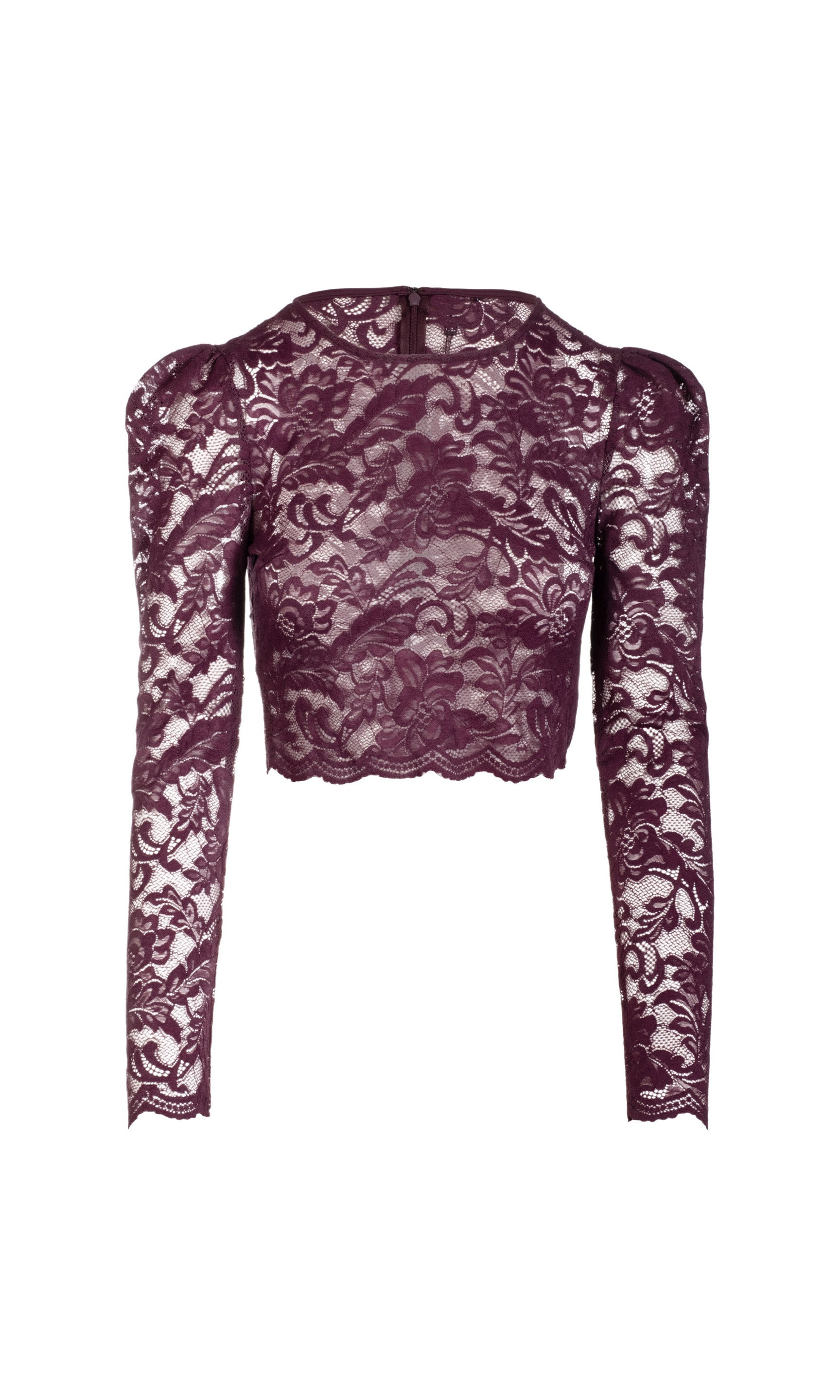Ghost image of the purple Safia lace top with long sleeves on a white background