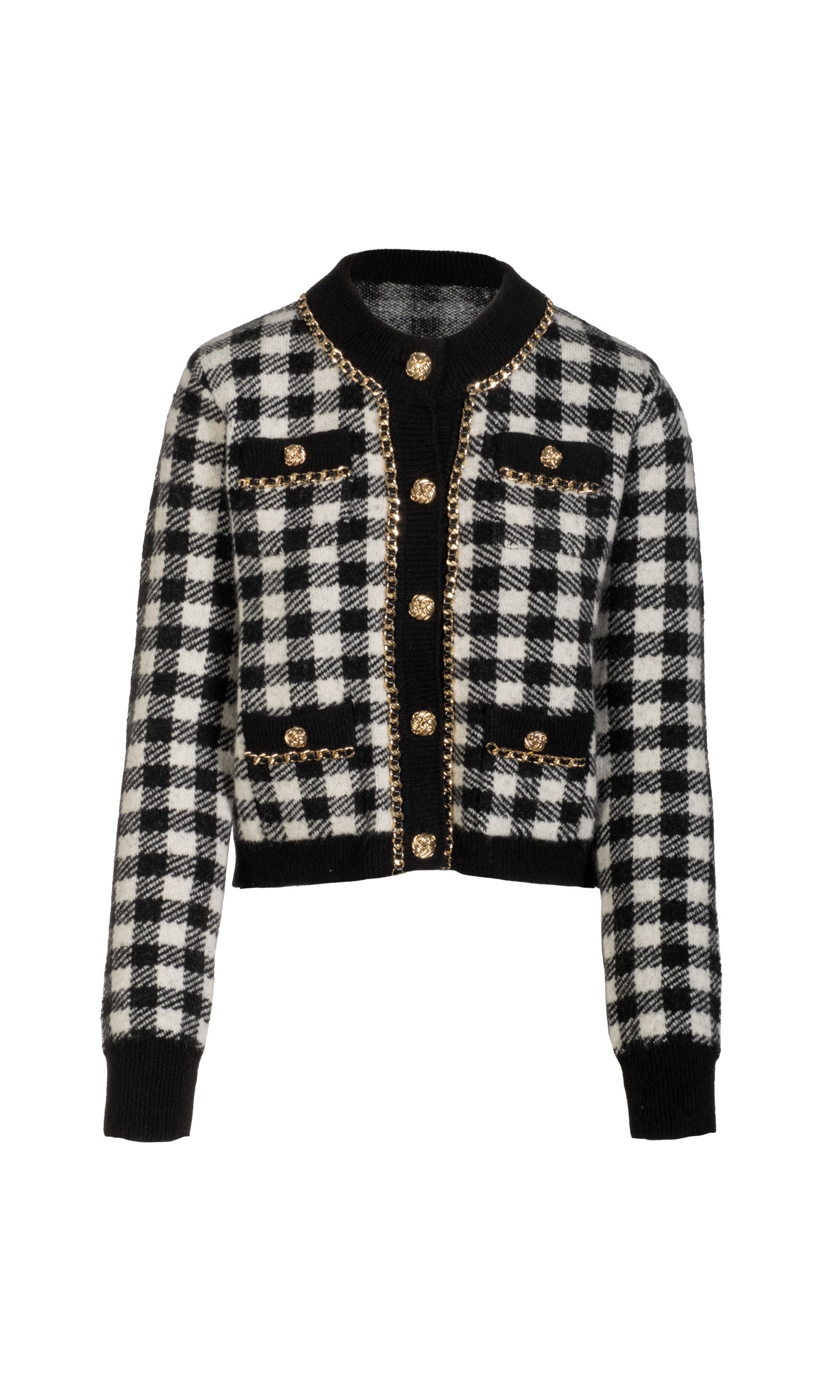 Ghost image of black and white checkered cardigan with gold buttons on a white background