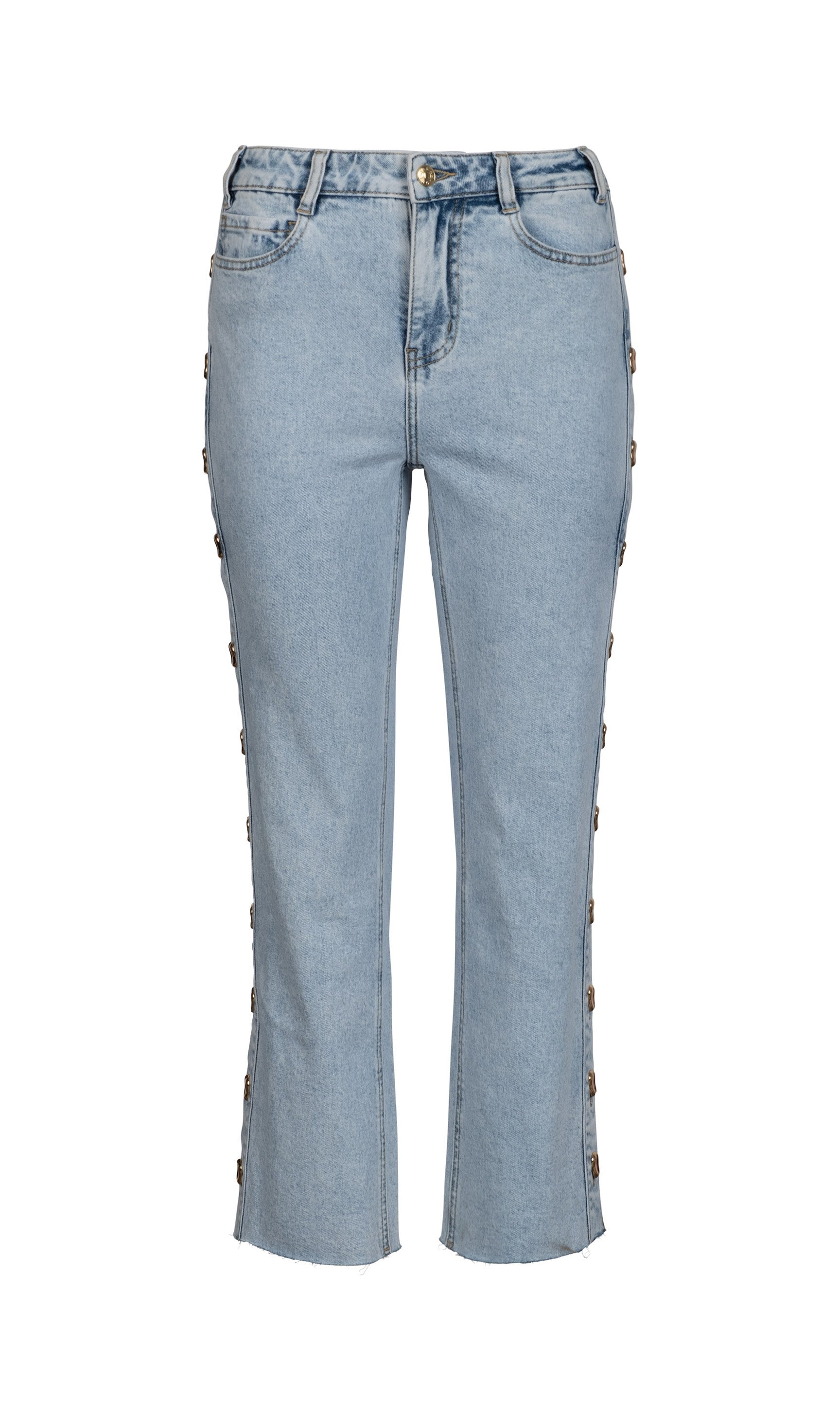 Light blue pants with gold buttons on the pant legs on a white background