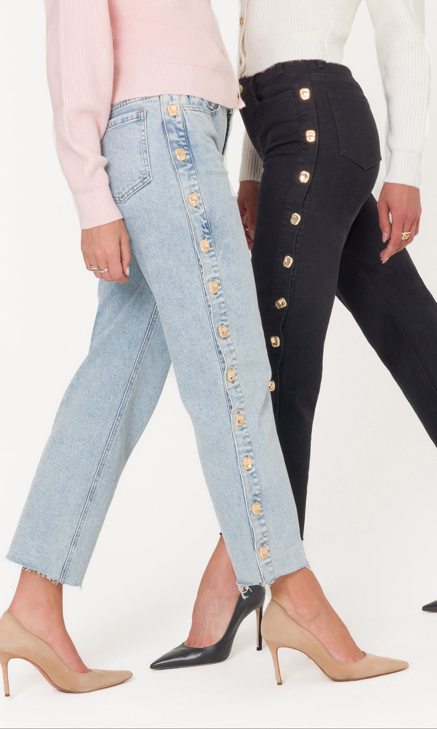 Two pairs of jeans with button details worn by models on a white background
