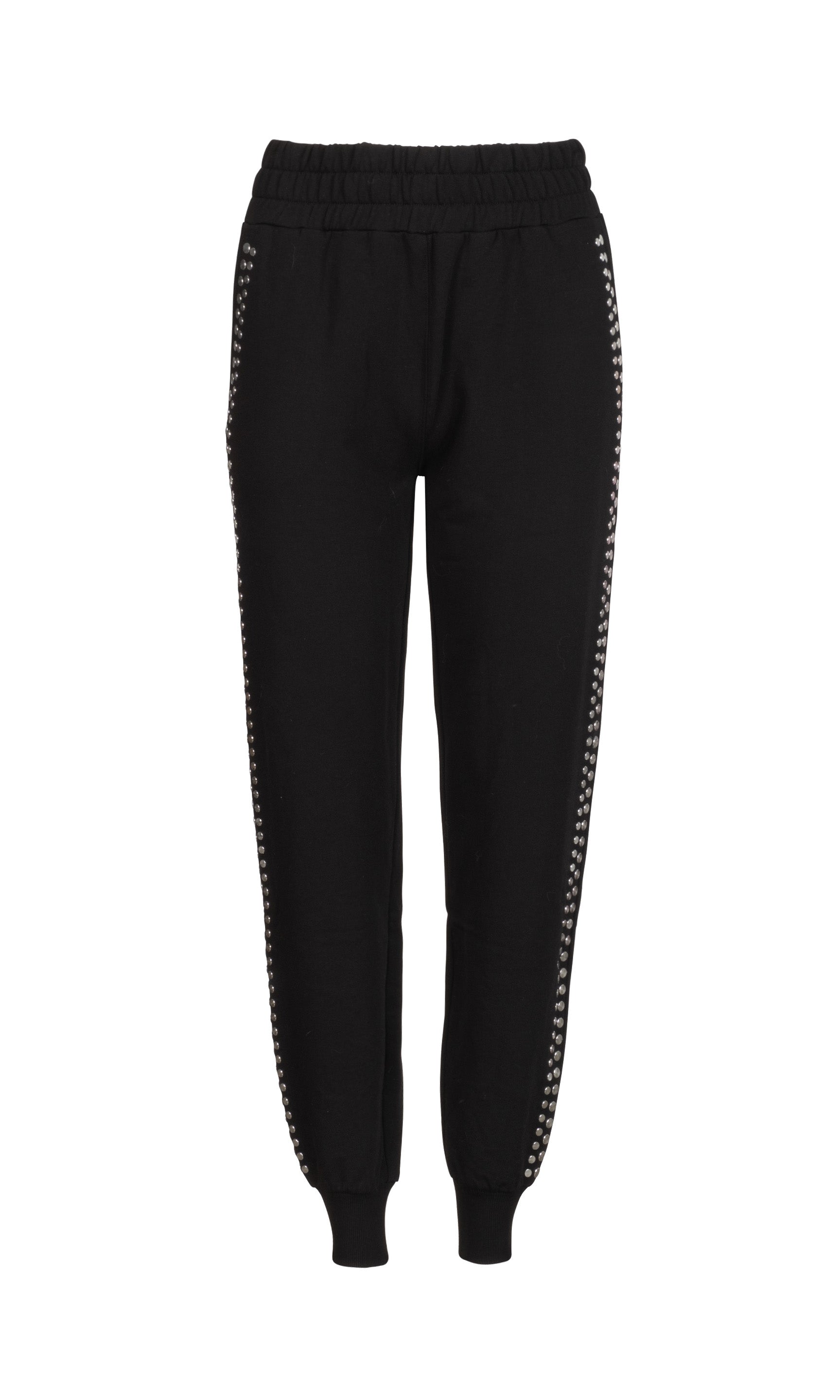 Black jogger pants with side silver studs on a white background