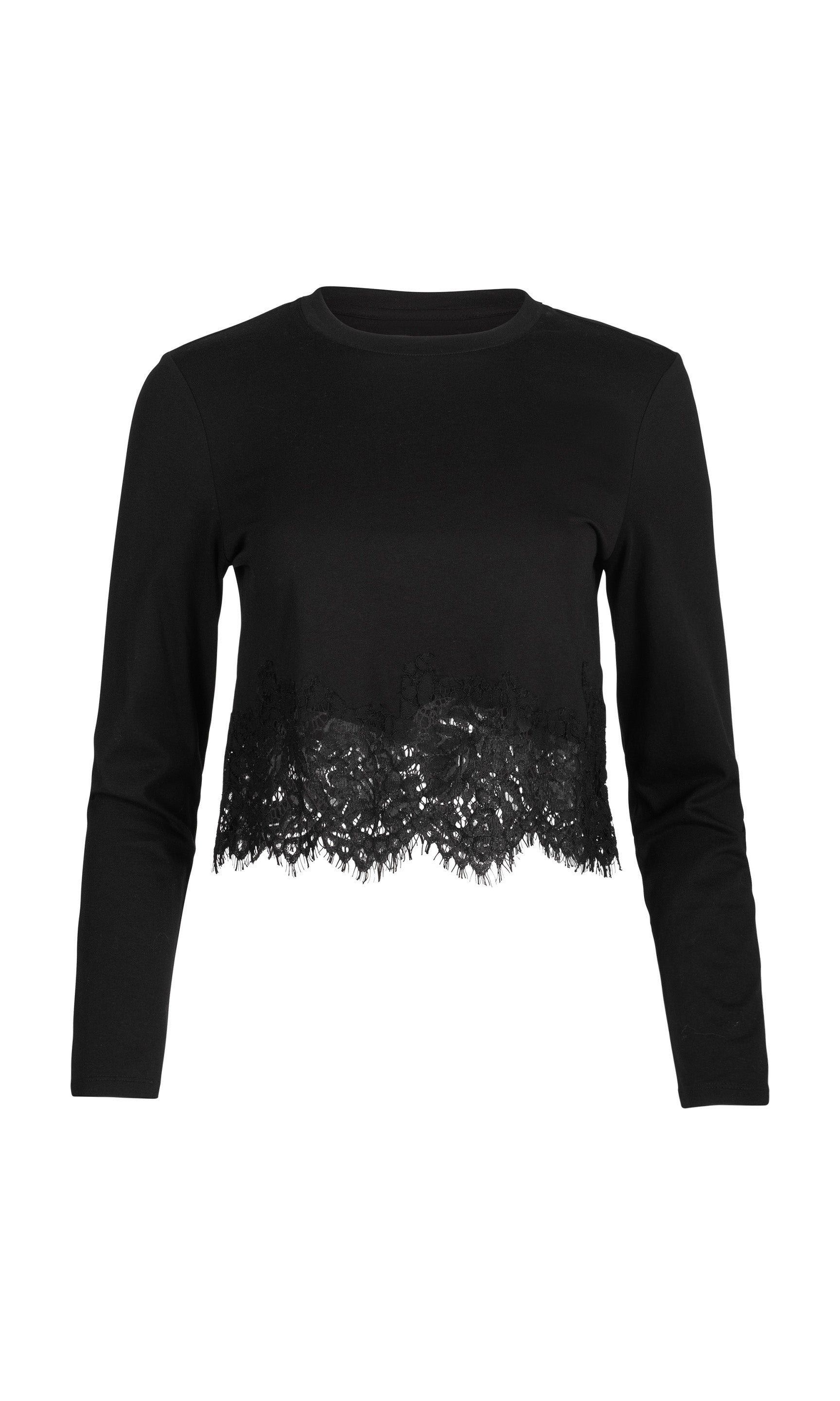 Black long-sleeve top with lace detailing on a white background