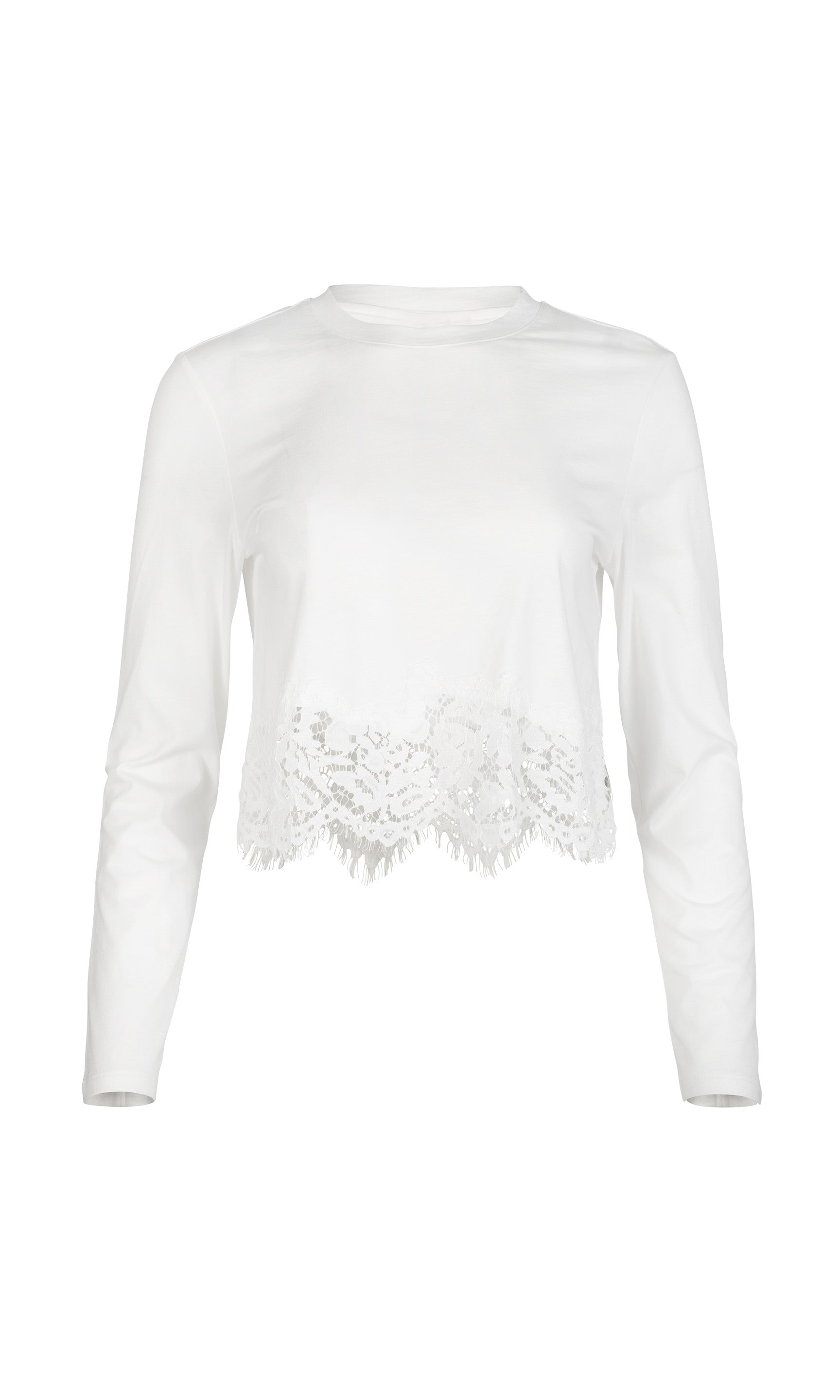 White long-sleeve top with lace detailing on a white background